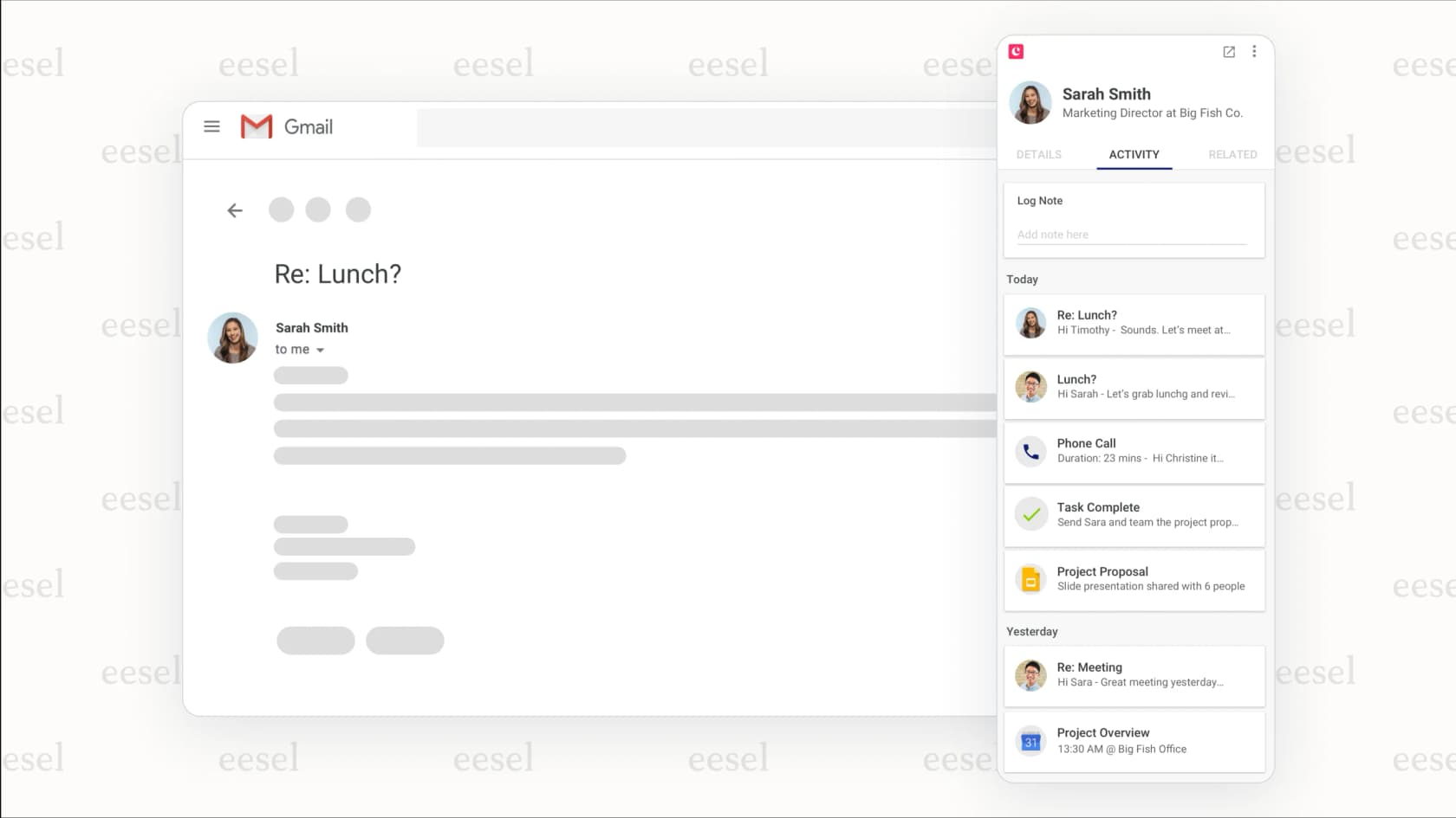 Uma captura de tela demonstrando como o Copper, uma das principais ferramentas de gestão de CRM integradas ao Google, funciona diretamente na interface do Gmail.