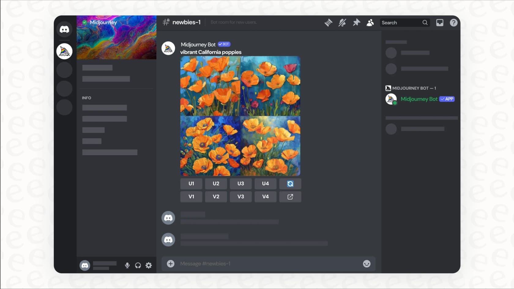 A screenshot of Midjourney operating in Discord, where the prompt "/imagine a vibrant abstract painting of a city skyline at dusk" has produced four unique images, showing the power of artificial intelligence products for visual creation.