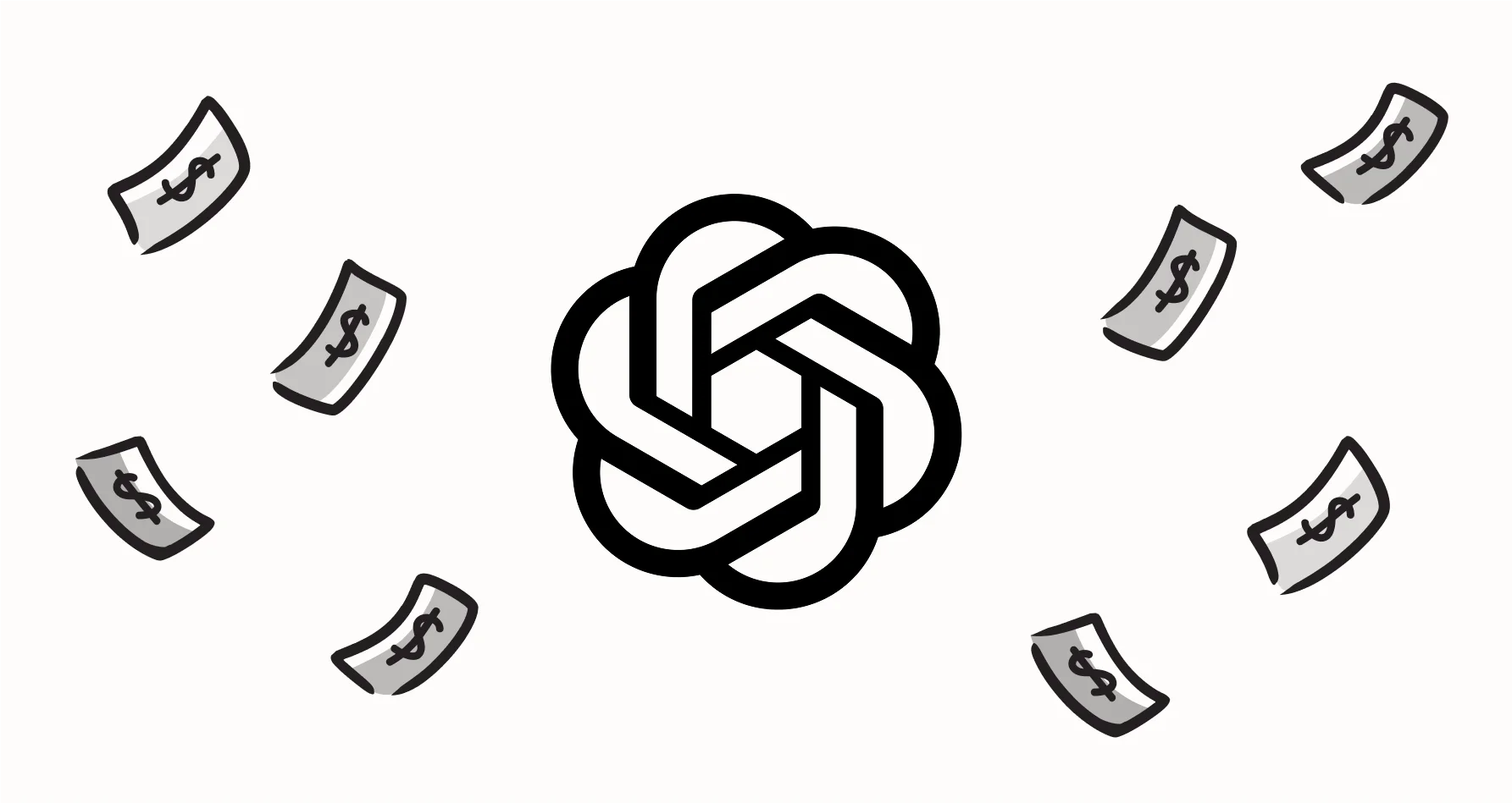 OpenAI logo surrounded by illustrated dollar bills