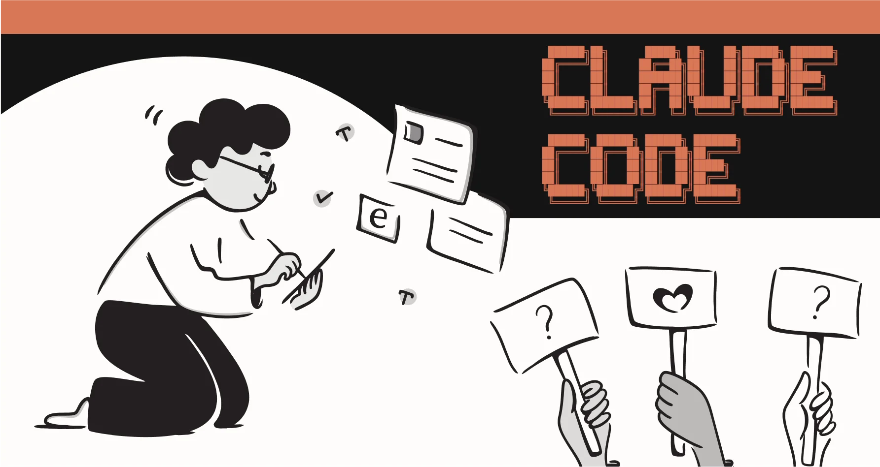 Illustration of a person using a phone beside Claude Code lettering and raised question-mark signs.