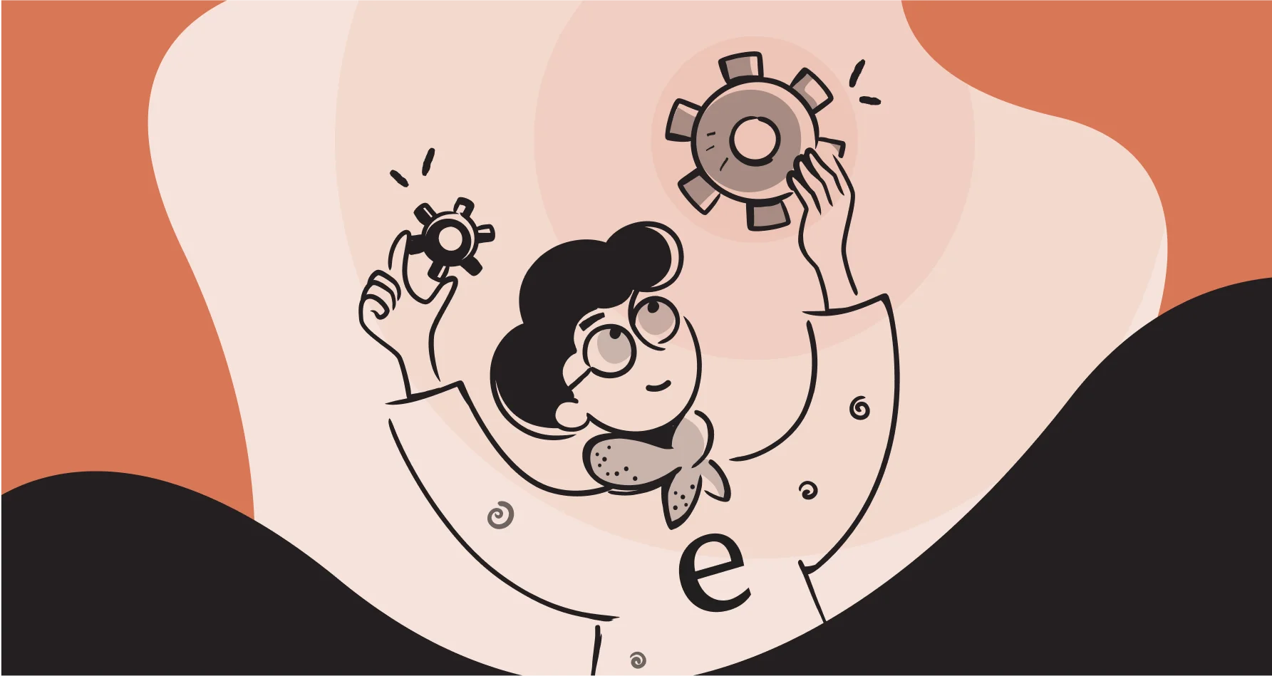 Illustration of a person holding two gears.