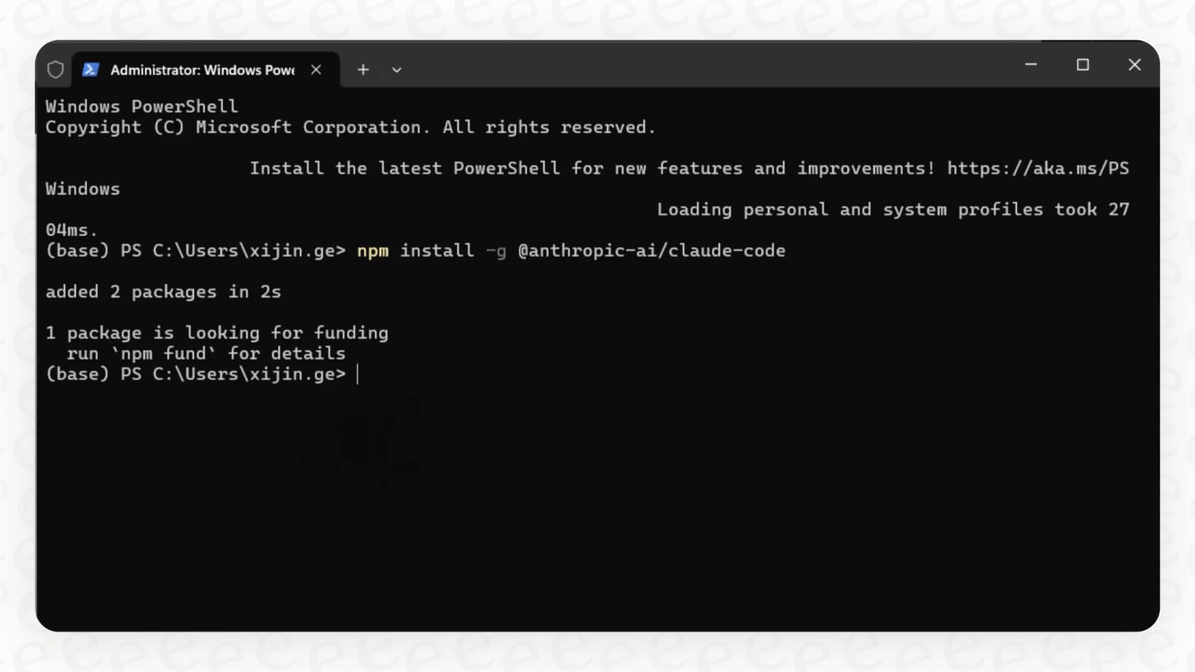 El comando de instalación para Claude Code ejecutándose en una ventana de terminal.