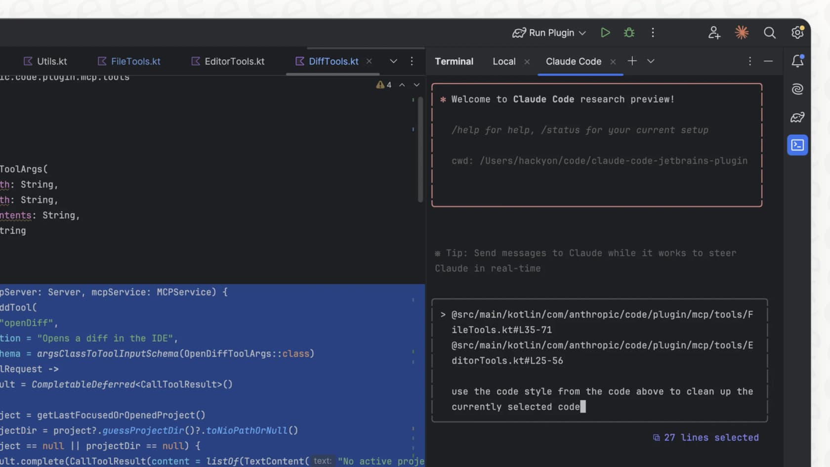 A developer highlighting a specific function in their editor to use as selection context for a prompt to Claude Code.