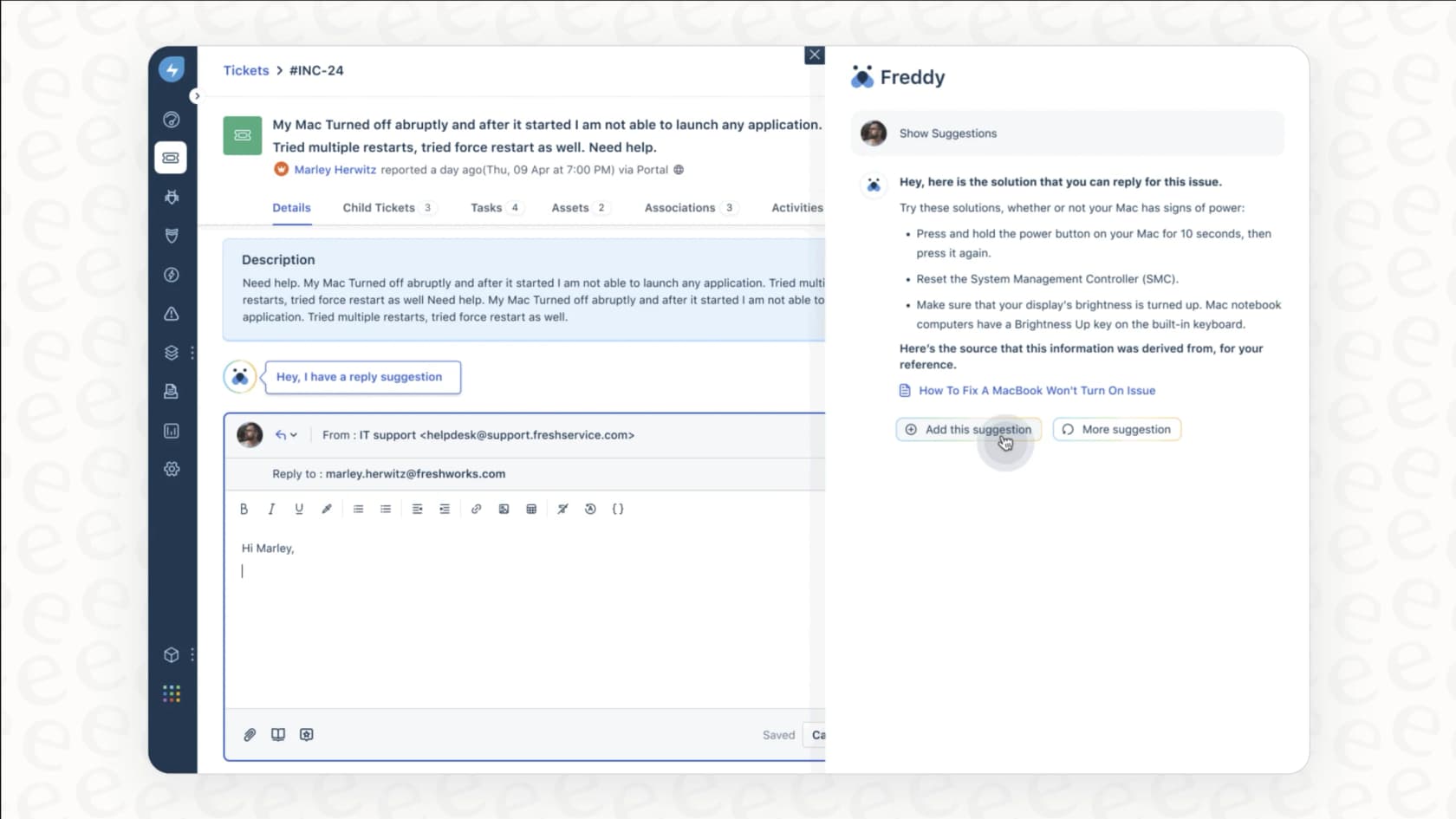 The Freshdesk Freddy AI Copilot assisting a human agent by suggesting replies and summarizing conversations.