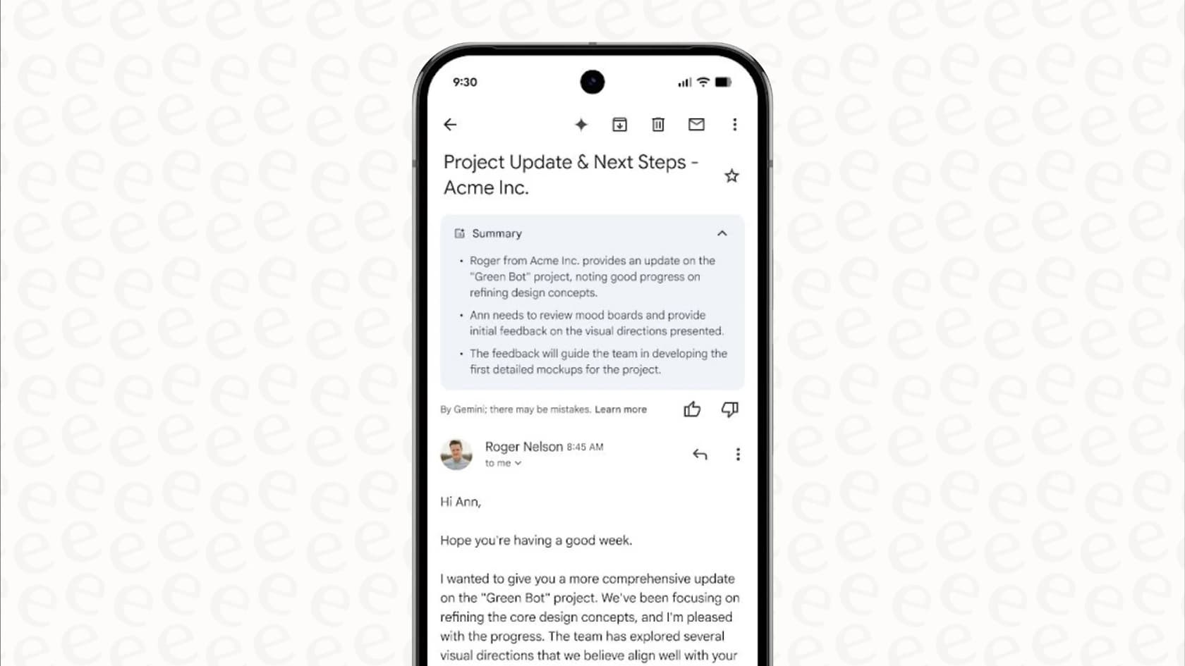 La función de resumen de correo electrónico en la IA de Gmail para móvil y web, impulsada por Gemini, condensa largos hilos de correo.