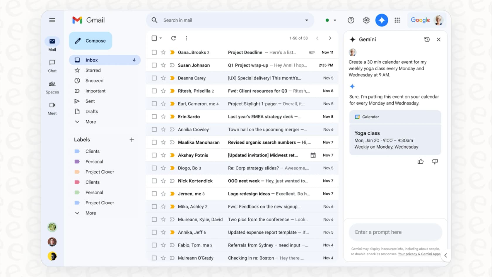 El panel lateral de Gemini actúa como un asistente de chat dentro de la interfaz de la IA de Gmail en móvil y web.