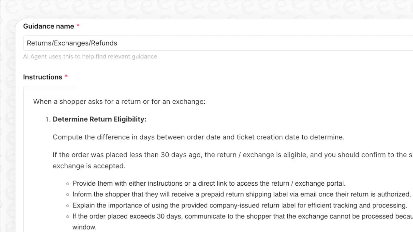 Older Gorgias Guidance editor example containing return eligibility instructions.