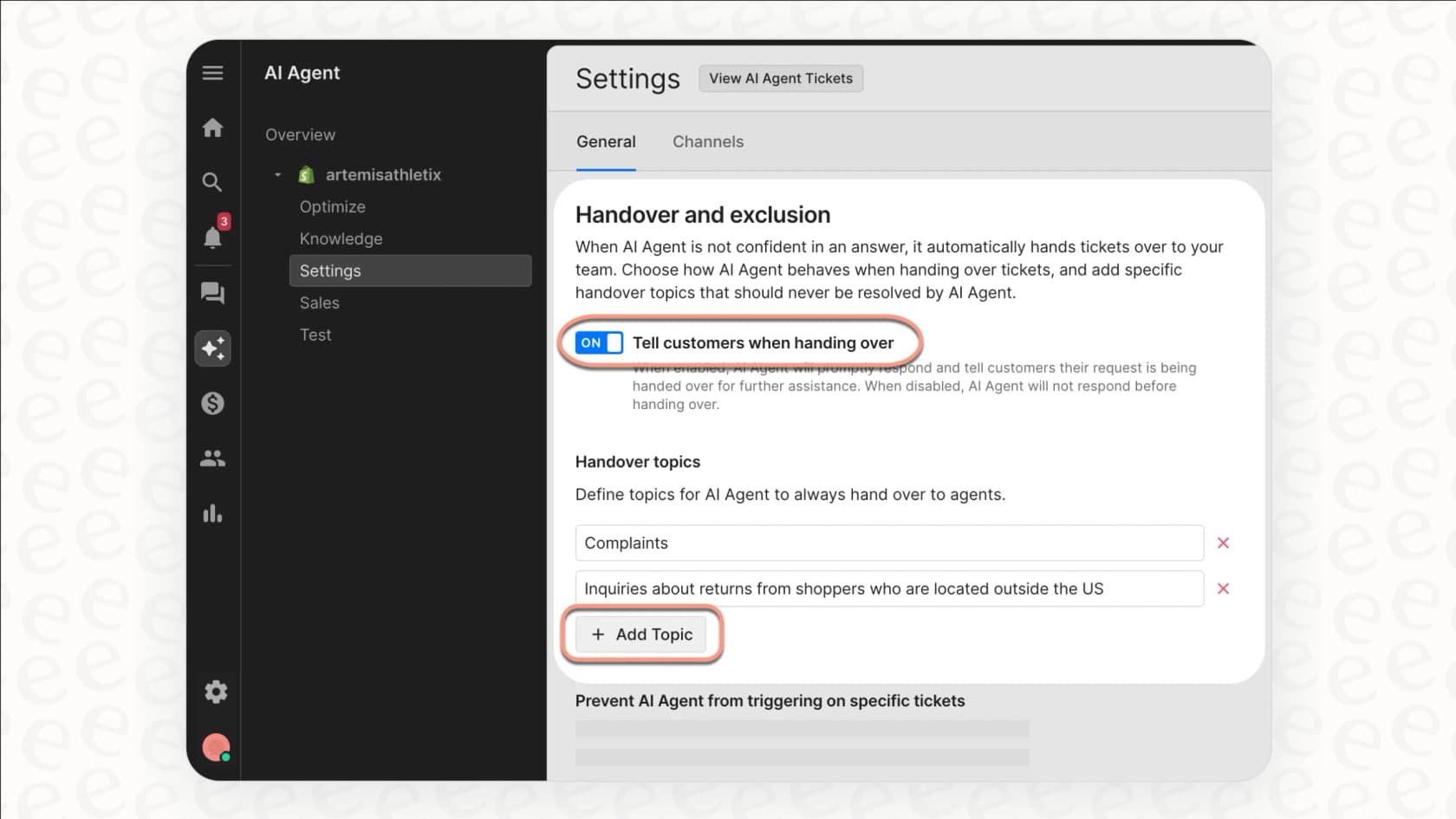 Older Gorgias settings showing handover topics and the customer notification toggle.