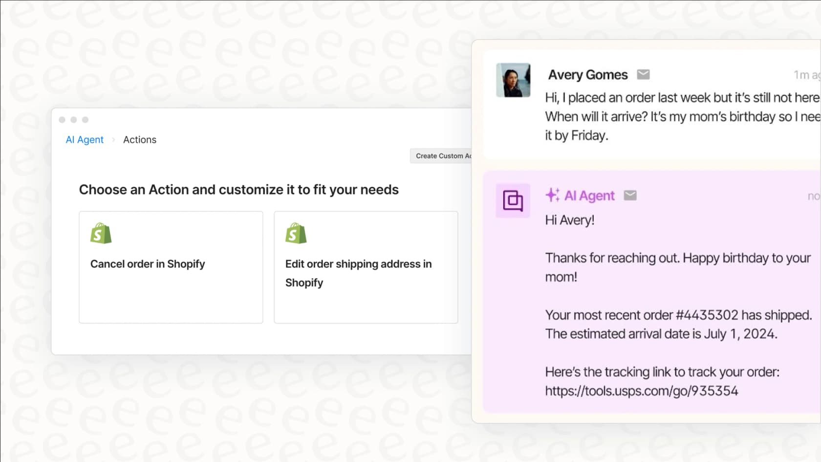 This image displays the action buttons available in the Gorgias side panel for Shopify, such as refunding or canceling an order.