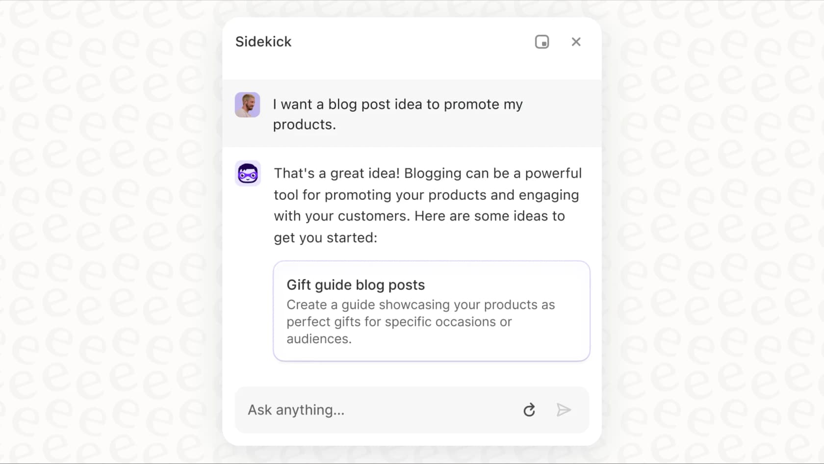 A screenshot of the Shopify Sidekick feature, an example of a native Shopify AI integration.