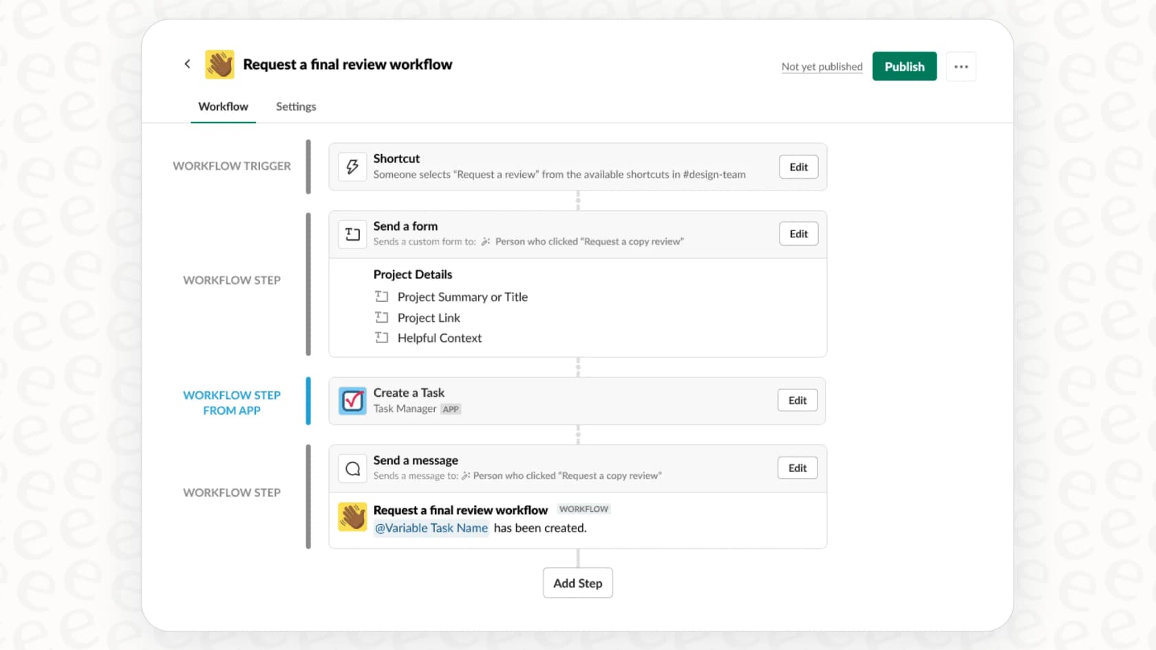 An illustration of the various steps and triggers available in the Slack AI Workflow Builder.