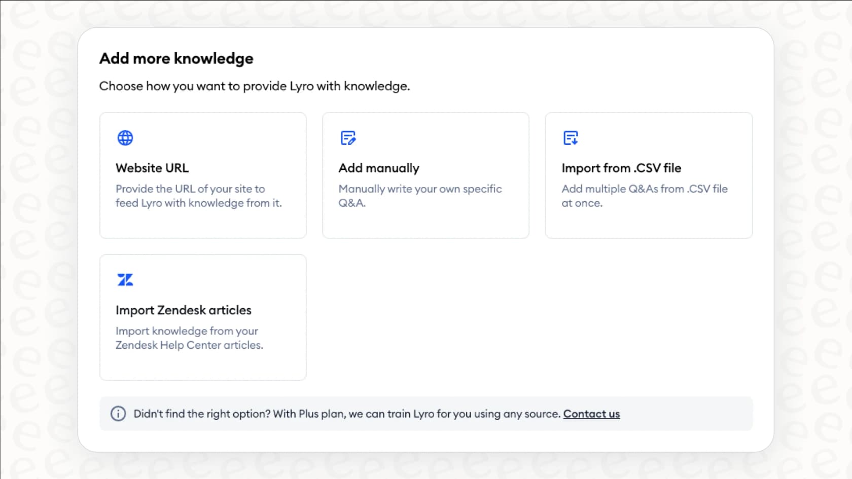 A look at the Tidio knowledge base builder in the Tidio panel, where you can add information for the Lyro AI agent.