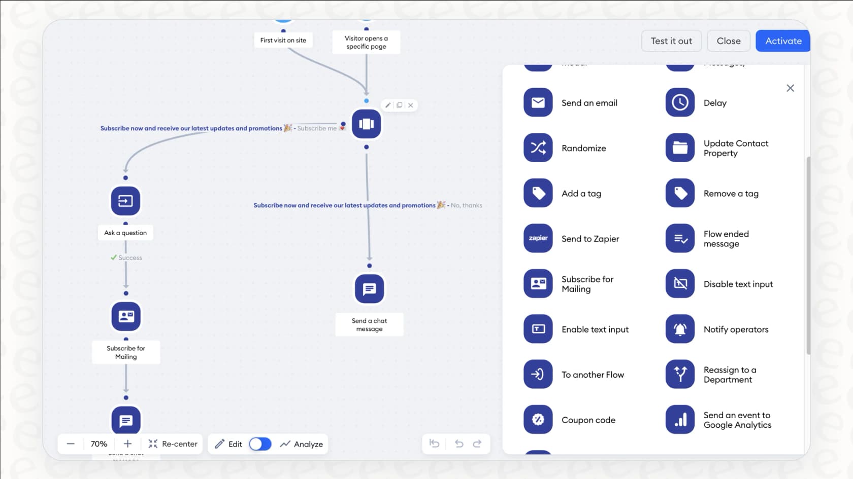 A screenshot of the Tidio Flows feature, which allows you to create automated chatbot conversations. The Tidio panel is visible in the background.