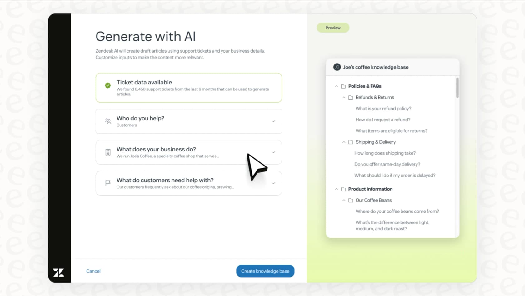 This image displays the generative AI capabilities within the Zendesk Knowledge-based Self Service, helping users create content efficiently.