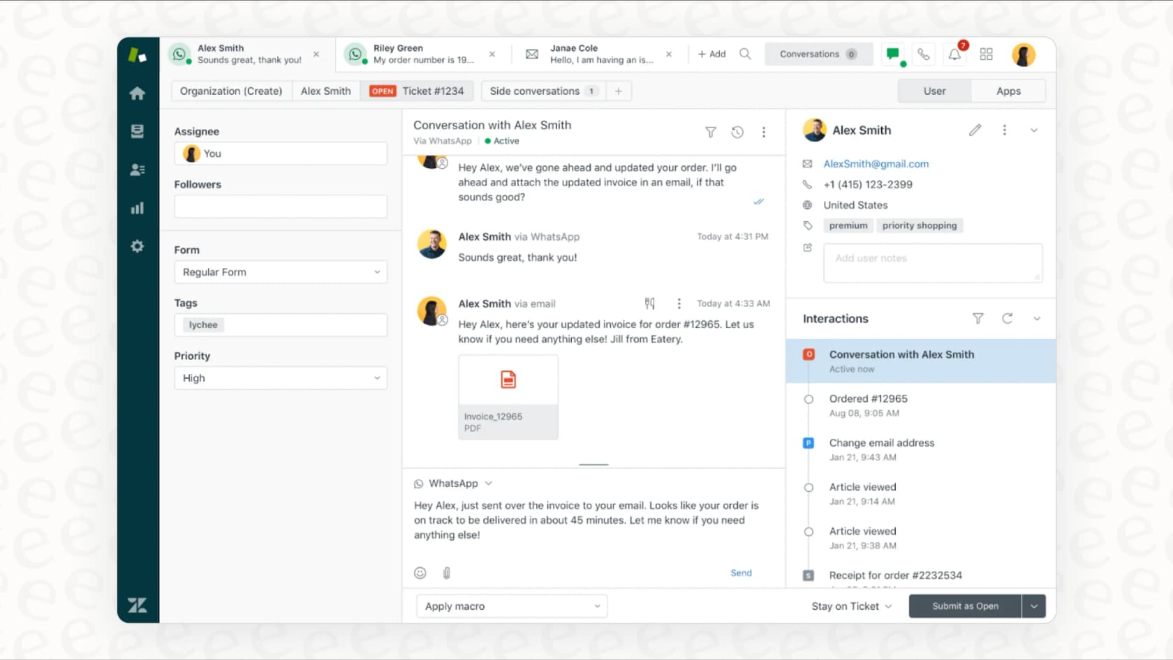 A visualização de ticket omnichannel do Zendesk, demonstrando como a conexão do Zendesk com o WhatsApp unifica os canais.