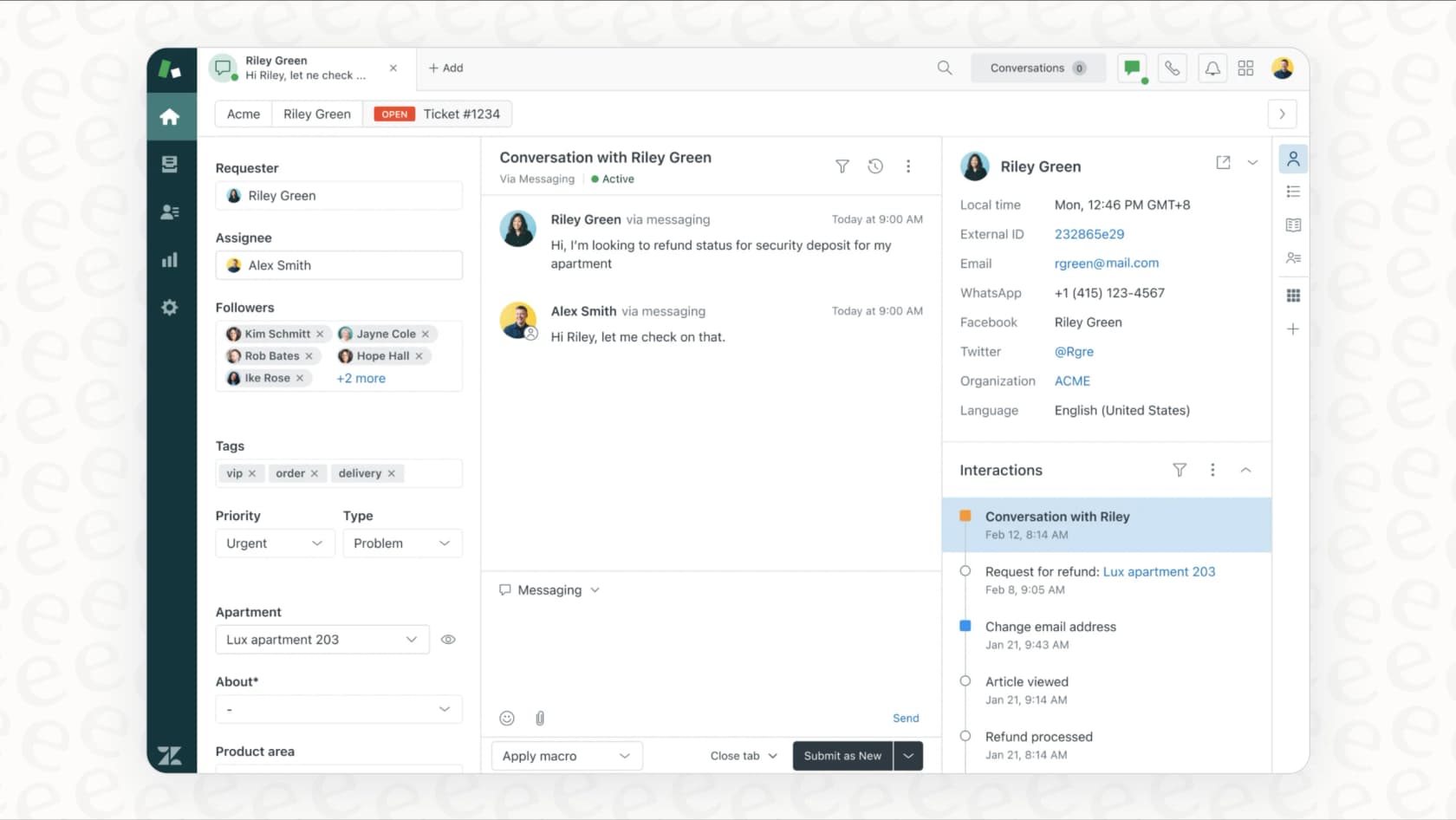 An example of the Zendesk CRM ticket view, showing how agents can see previous customer interactions.