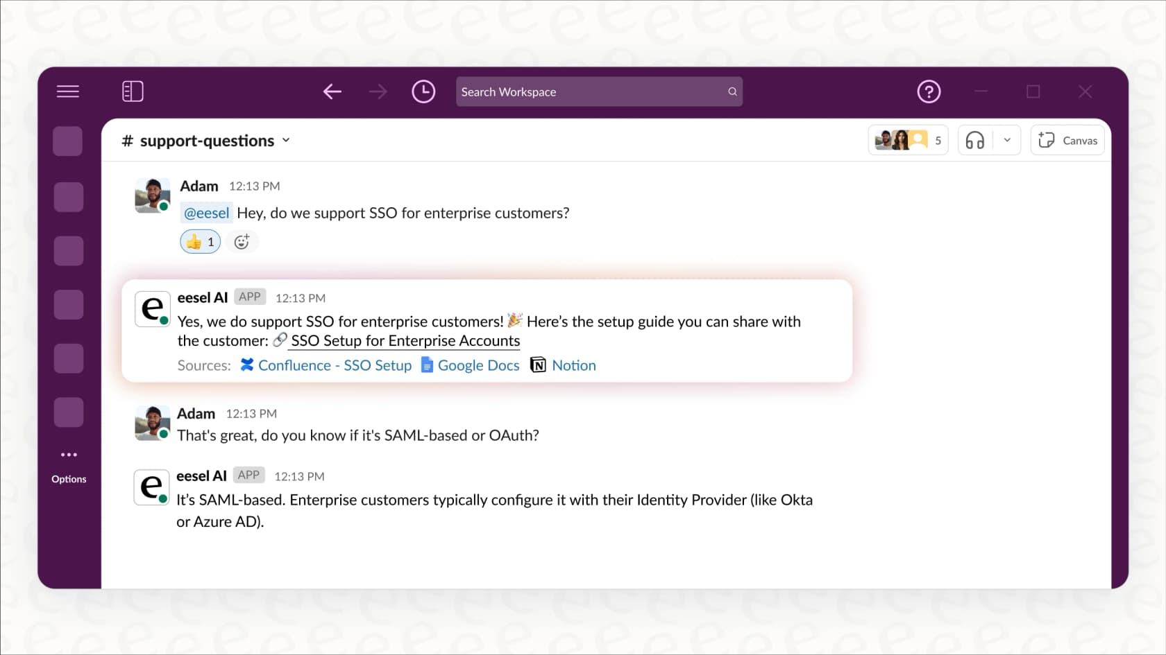 eesel AI internal chat integration with Slack interface