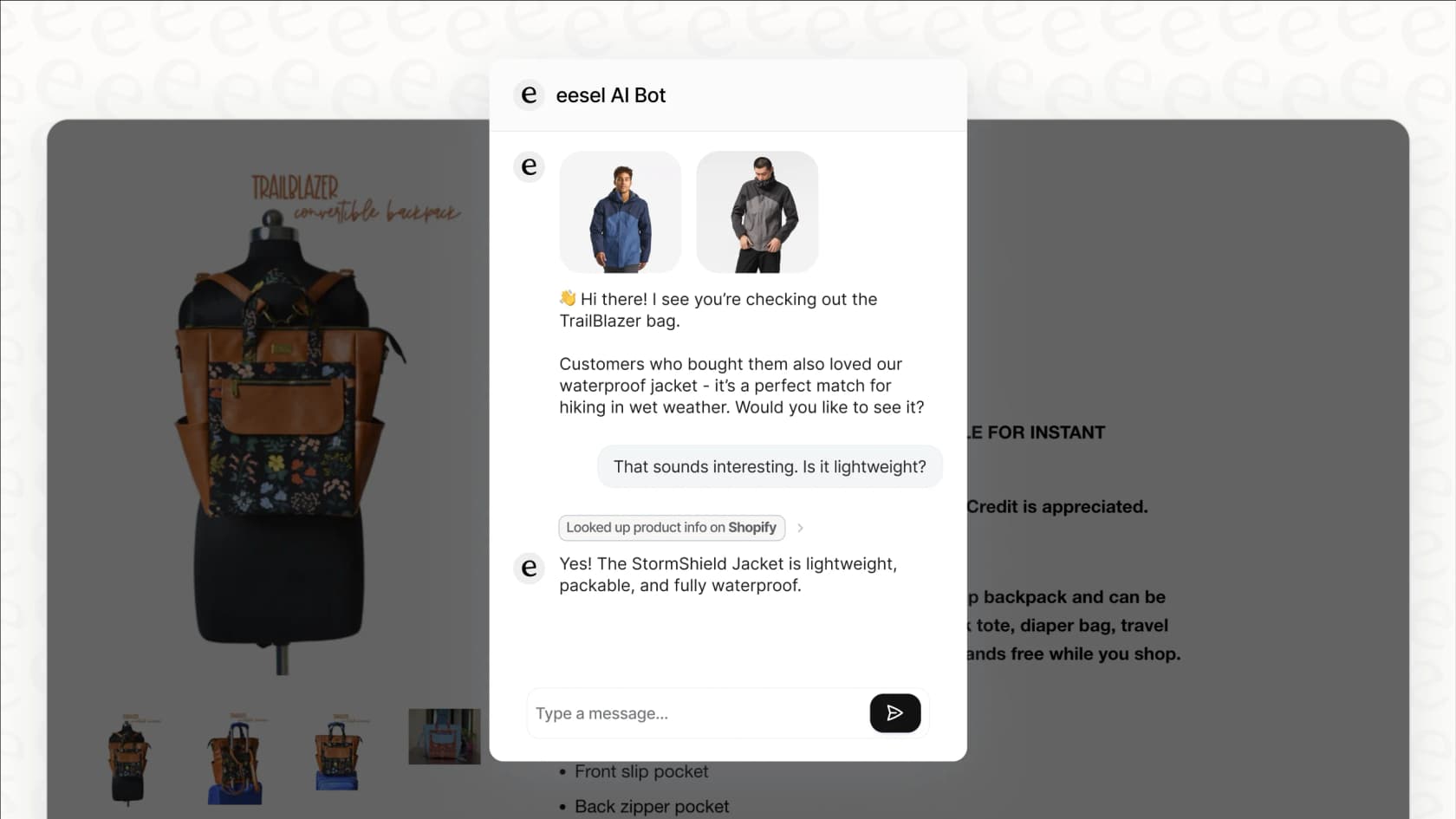 eesel AI chatbot interface with product recommendations on Adobe Commerce