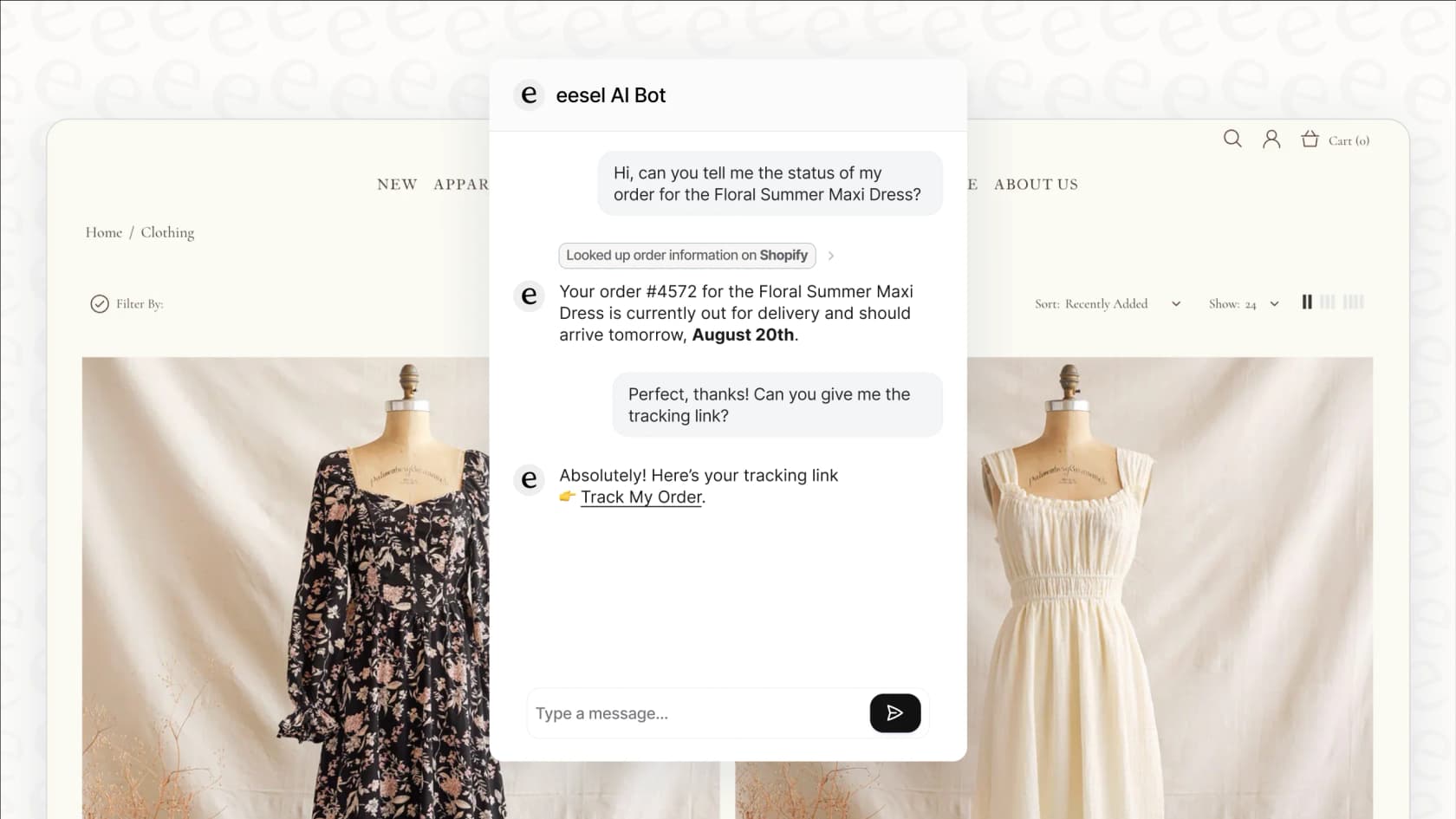 An AI chatbot integrated with Shopify answering a customer