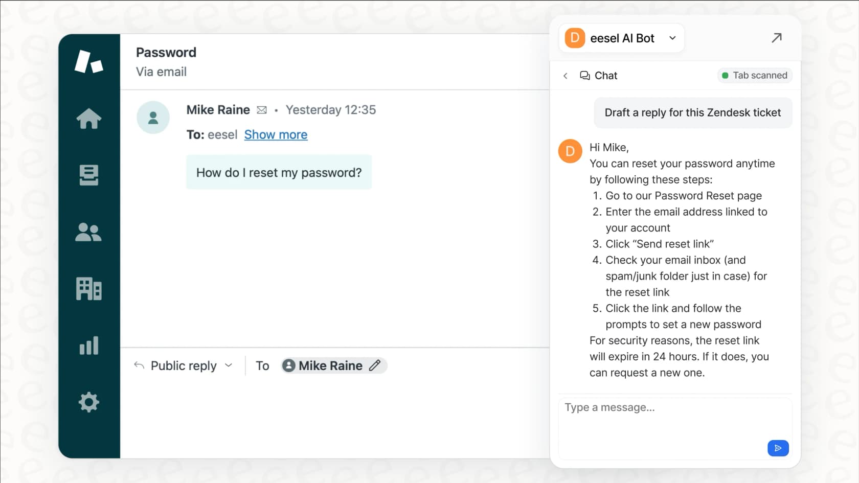 An example of an AI copilot drafting a reply within Zendesk, showcasing advanced AI automation for zendesk knowledge management.