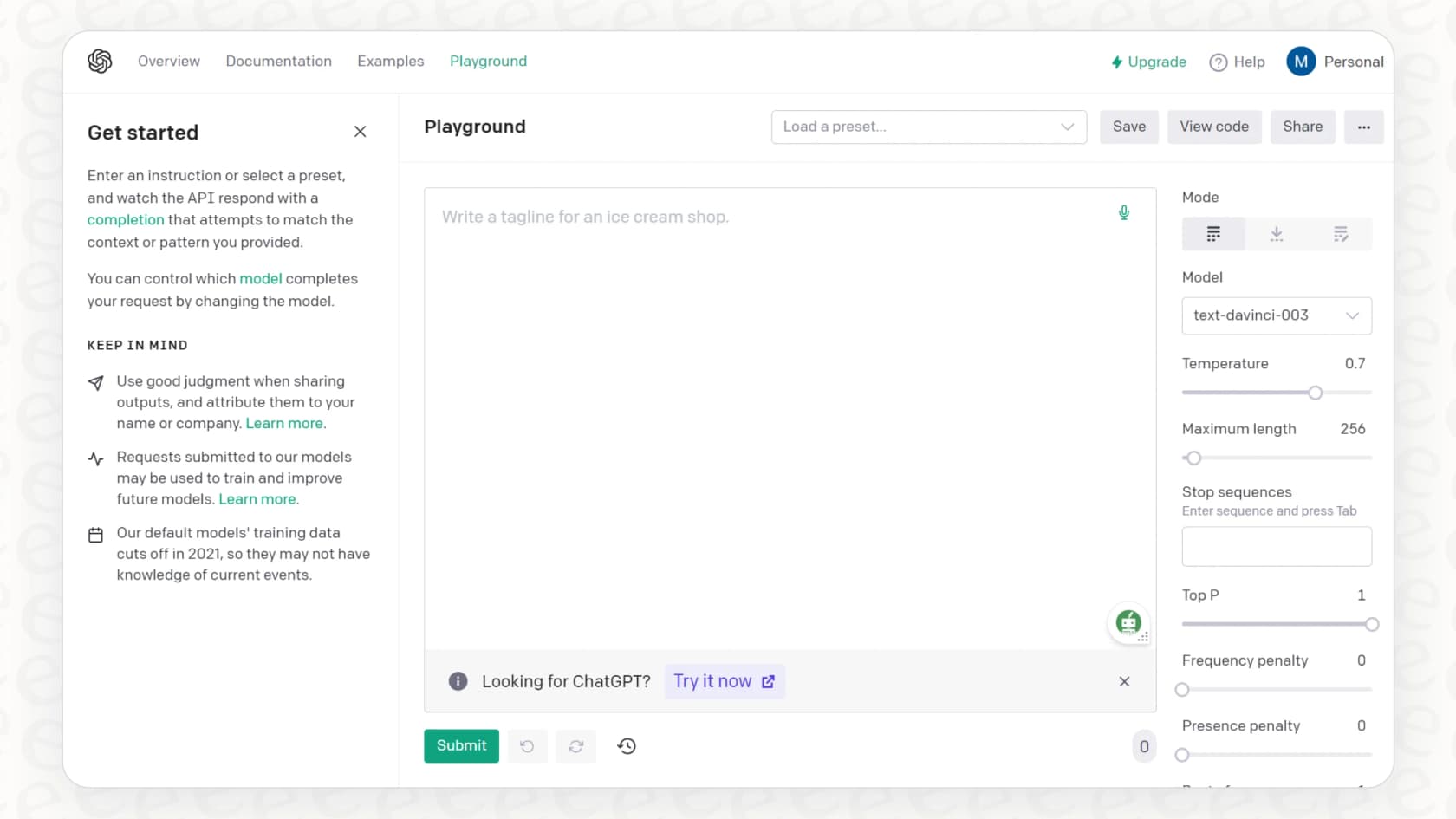 The user interface of the OpenAI Playground, showing where to input prompts and adjust settings.