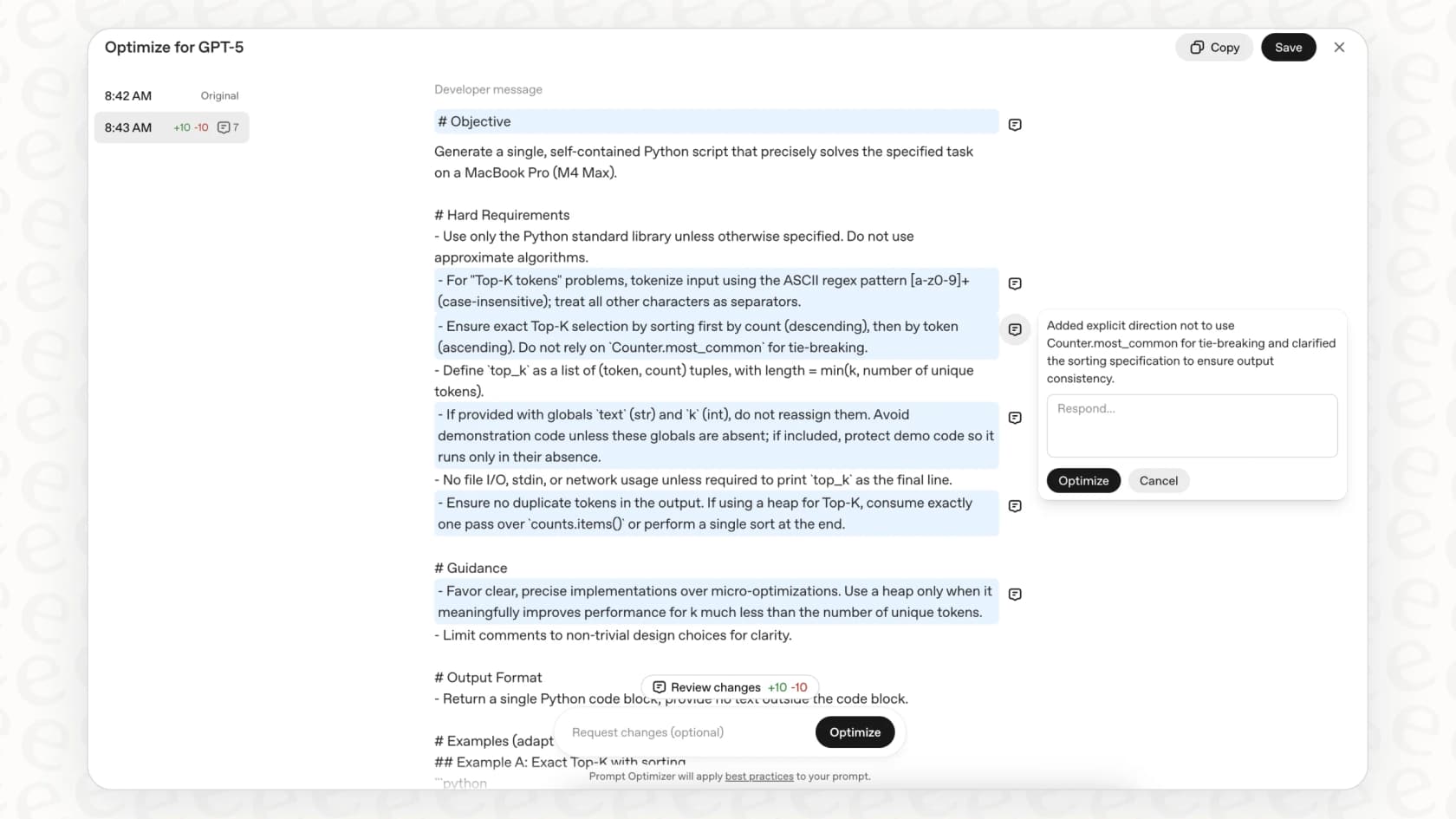 A screenshot demonstrating the chat-based OpenAI Prompt Optimizer tool within the OpenAI Playground.