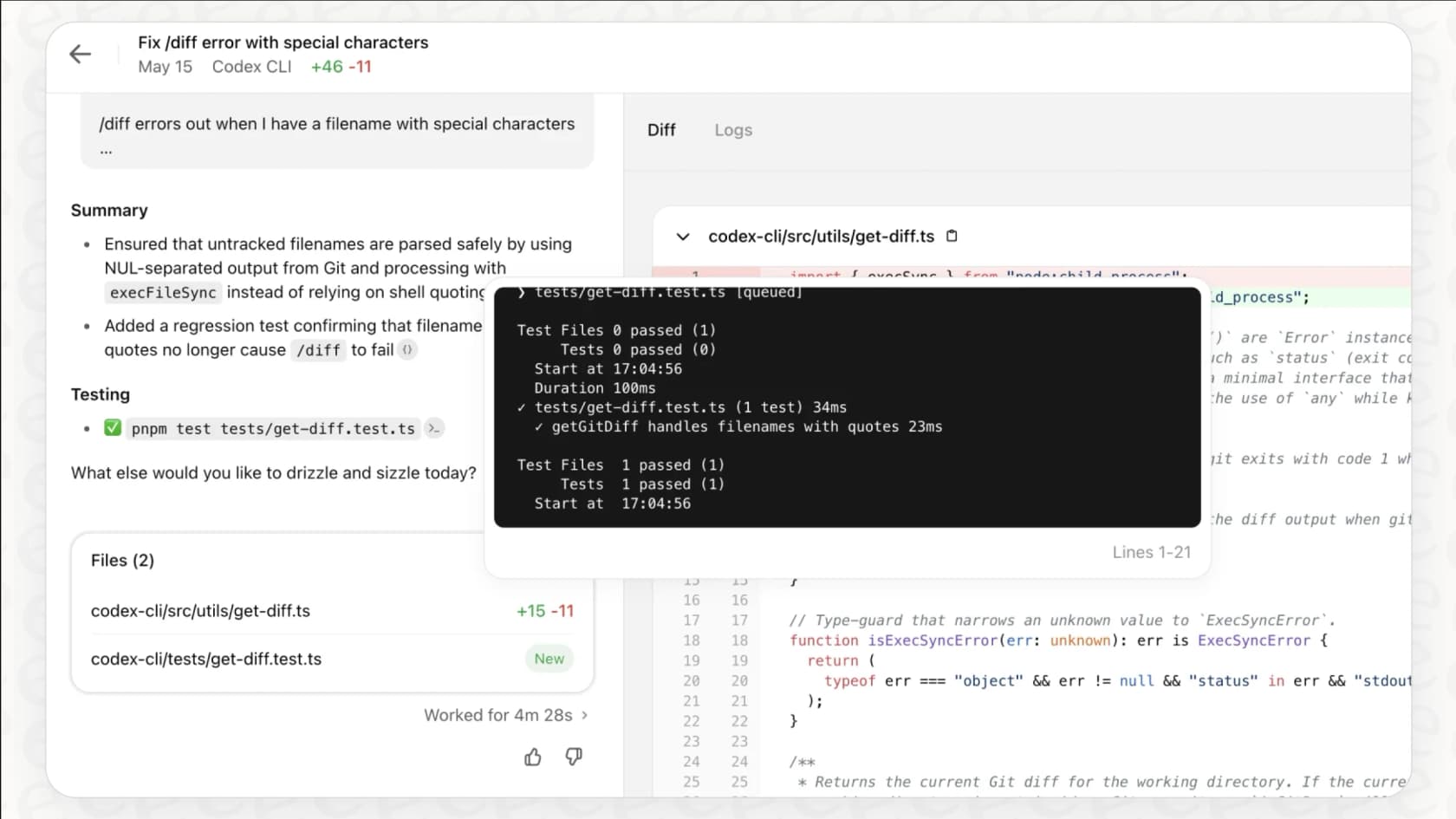 Una captura de pantalla de OpenAI Codex ayudando a un desarrollador con programación en pareja, ilustrando una de las integraciones clave de OpenAI Codex con Figma.