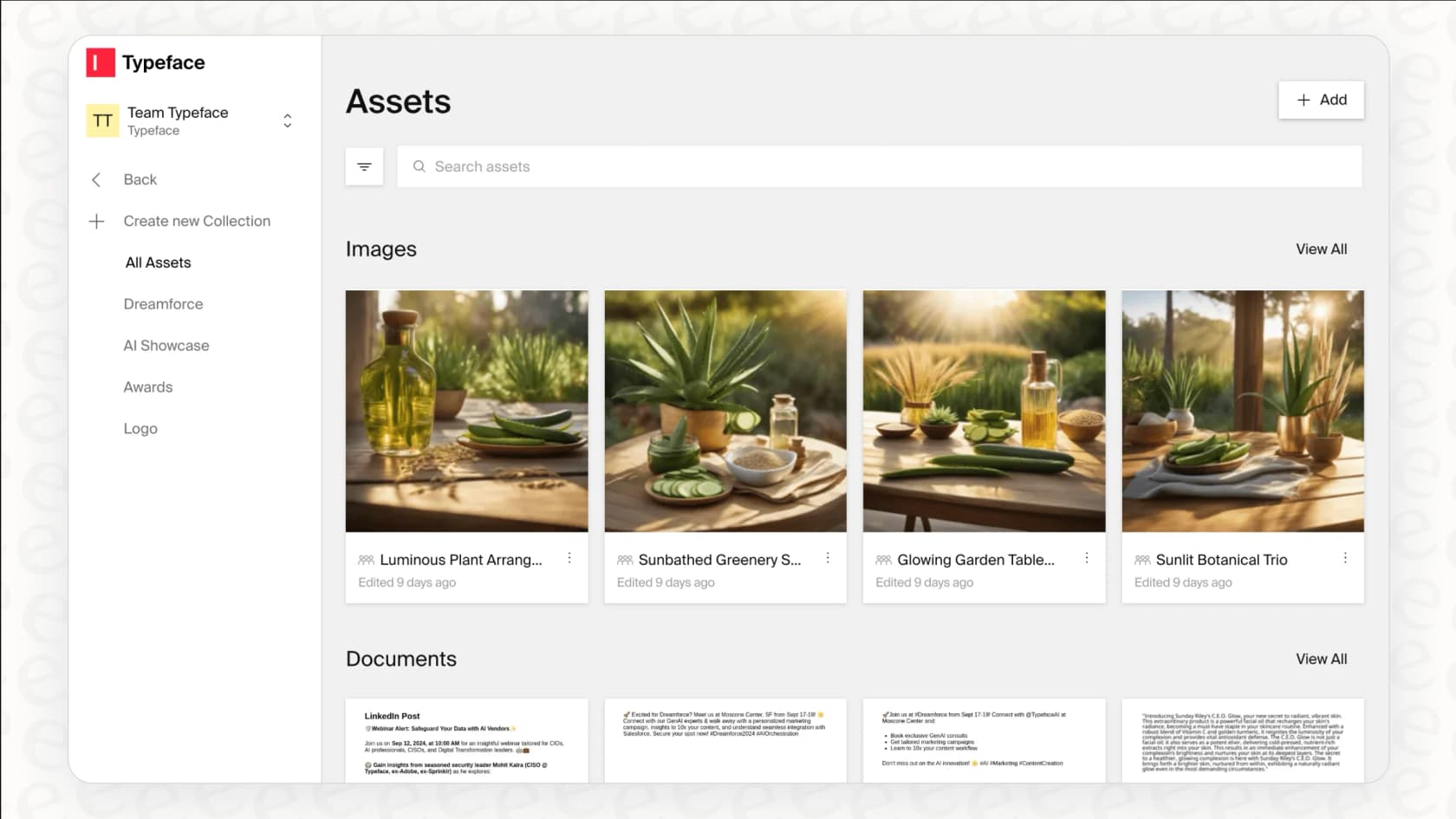 A screenshot of the Typeface AI Brand Hub, which acts as a single source of truth for brand consistency.