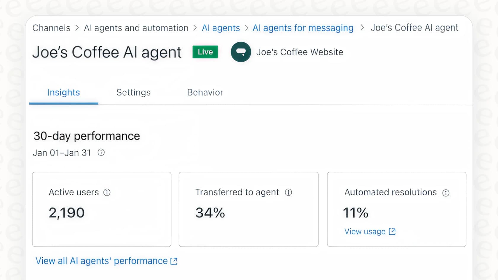 Zendesk AIエージェント・エッセンシャルのインサイトページ。