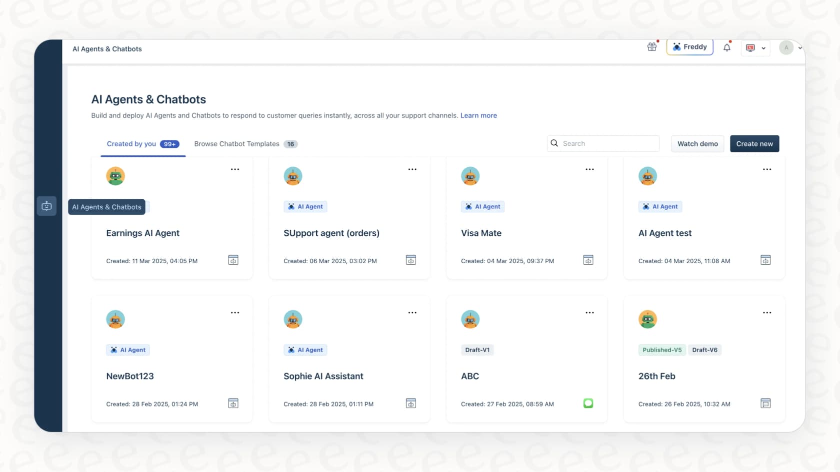 The user interface for the Freddy AI Agent Studio, where users can build their AI agents.