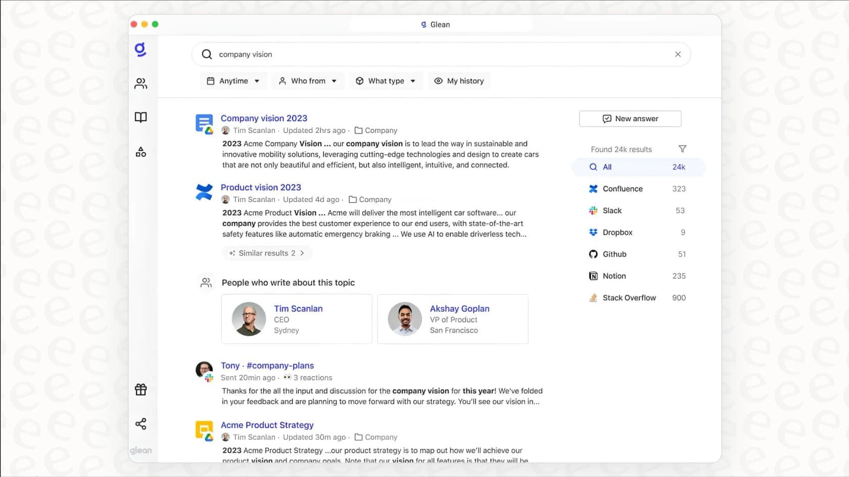 A user seeing search results in the Glean AI platform, demonstrating its app connectivity.