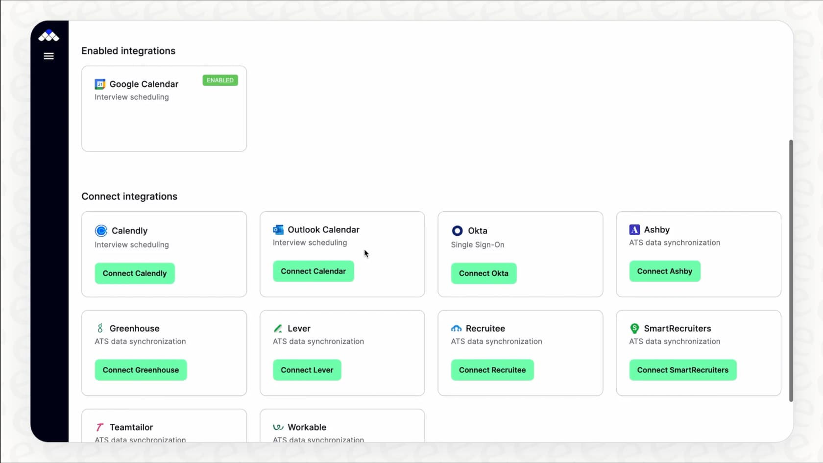 A screenshot showing the integration options in Metaview, an essential step to automate the hiring process.