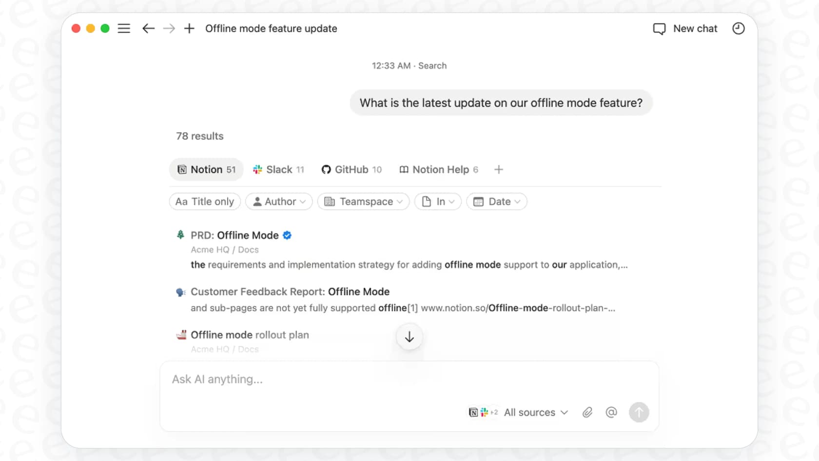 A screenshot demonstrating how the Notion Enterprise Search feature provides a direct answer to a question, improving knowledge discovery.