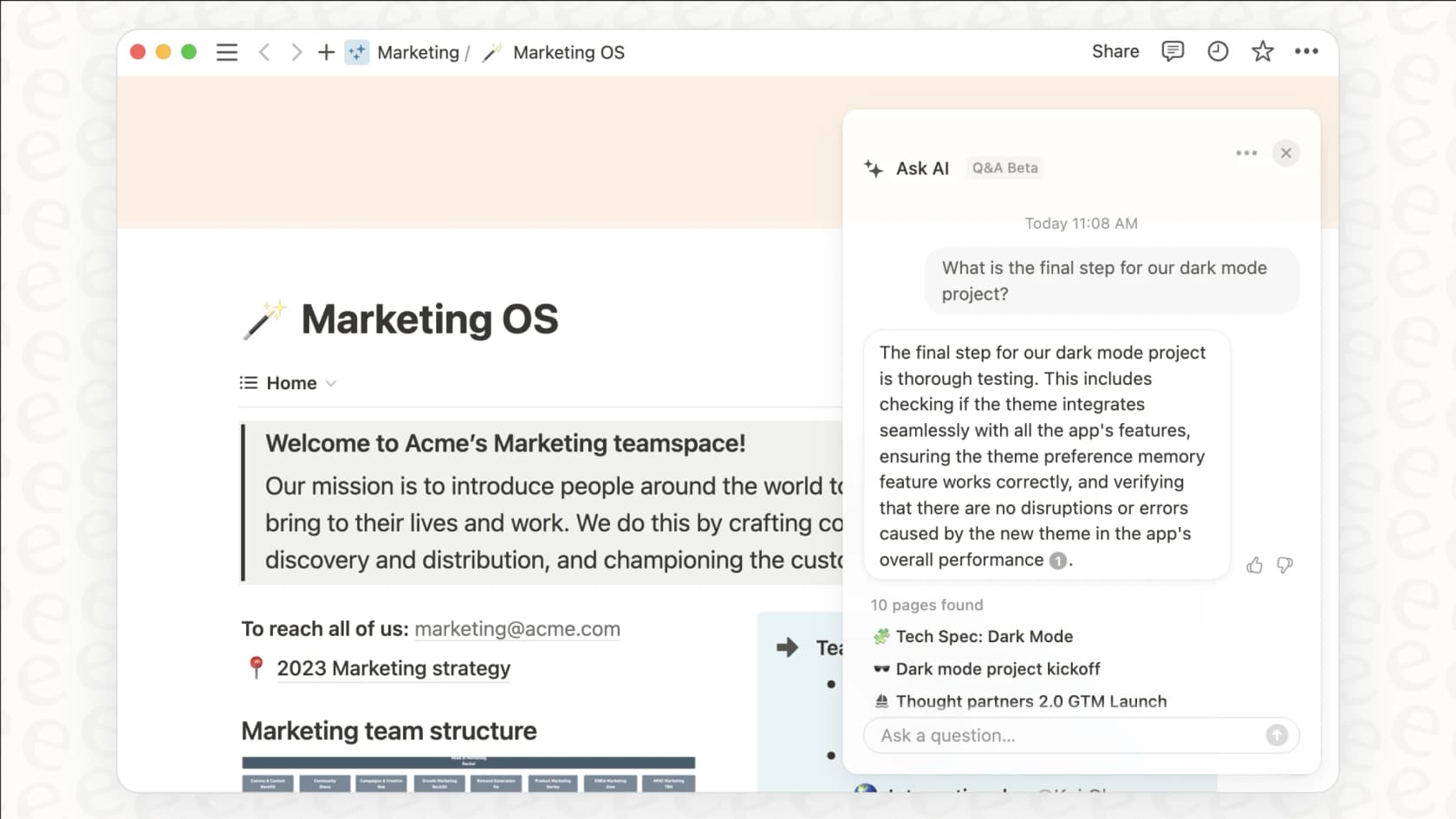 A user asks Notion AI a question, and the results show answers sourced from both a Notion doc and a Slack conversation, illustrating the Slack AI integration with the Notion AI Summarize Content feature.