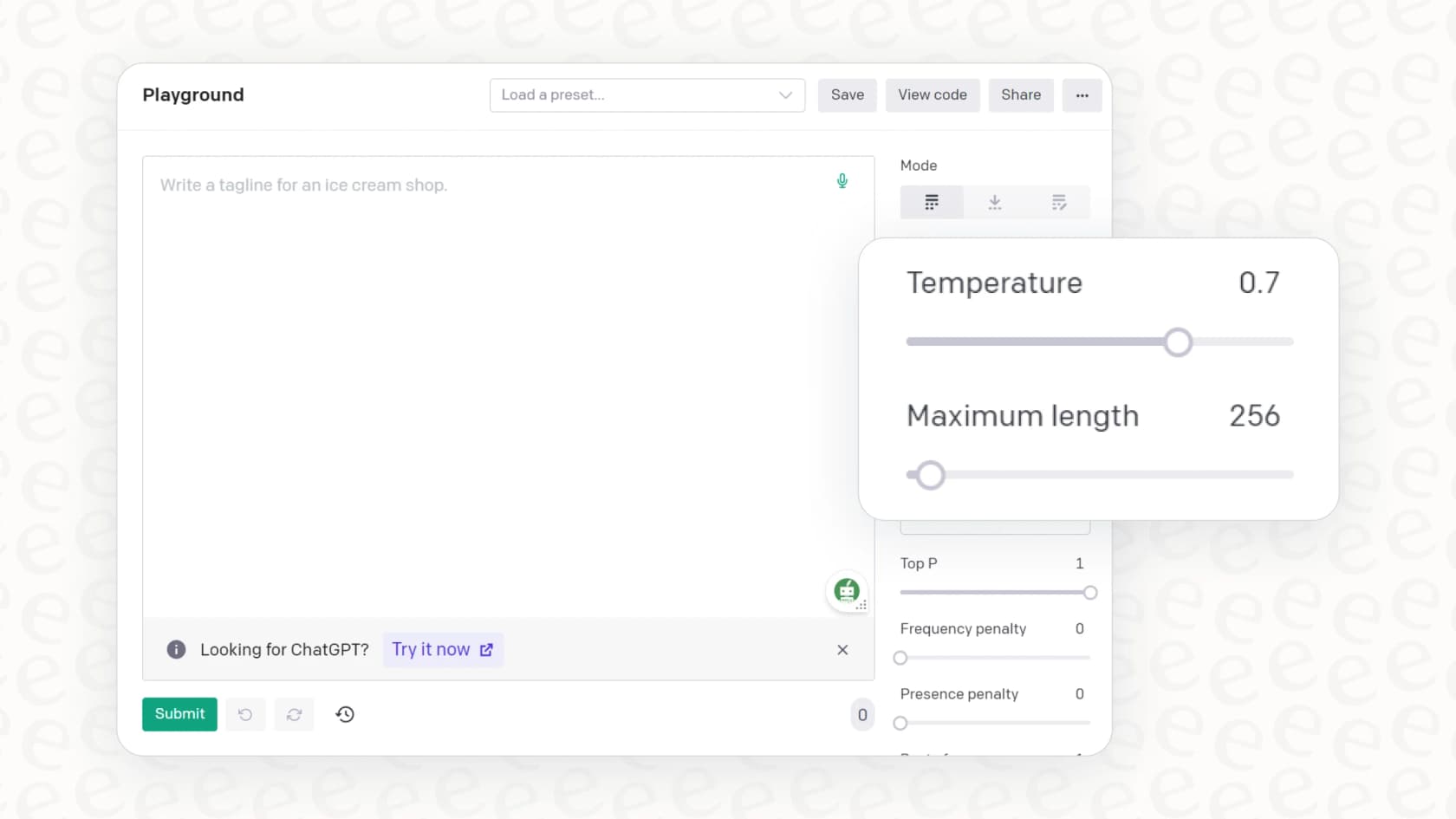 A detailed view of the temperature and maximum length settings within the OpenAI Playground.