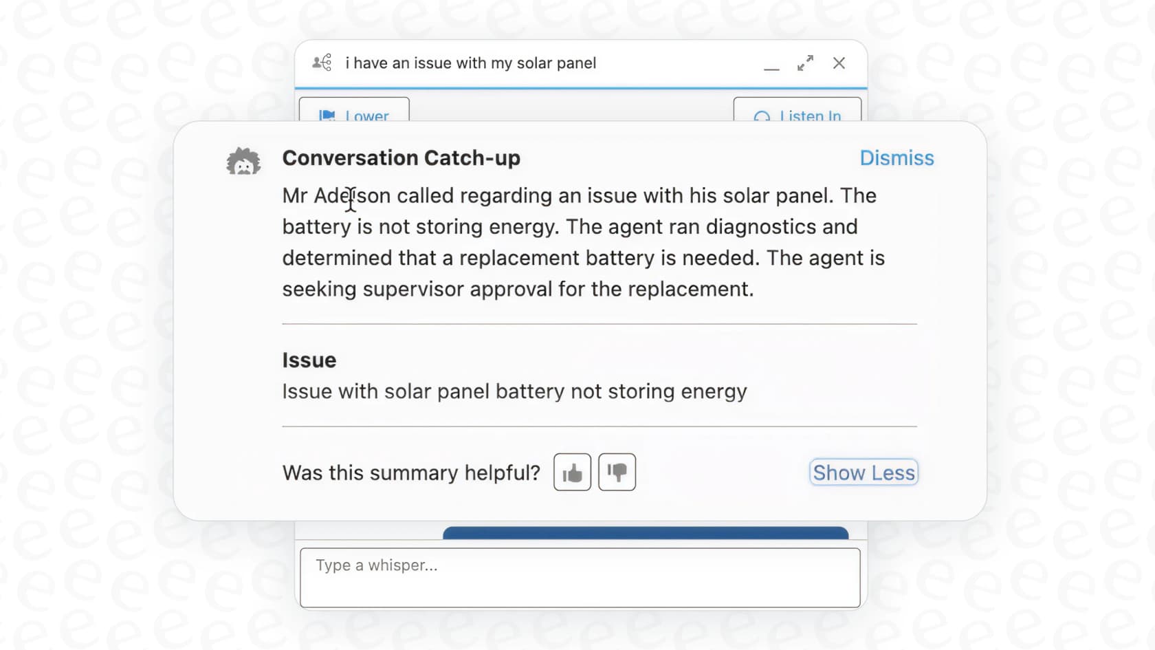 A screenshot demonstrating the Conversation Catch-Up feature of Salesforce Einstein Work Summaries, with a pop-up displaying a summary for an agent taking over a case.