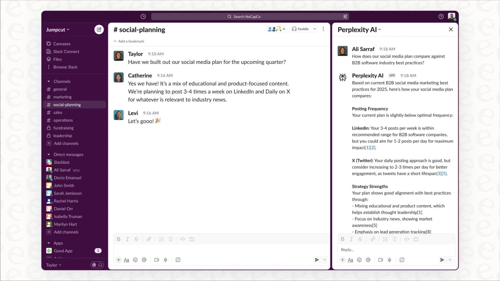 An illustration of how the Slack AI integration with Perplexity pulls information from the internet directly into a conversation.