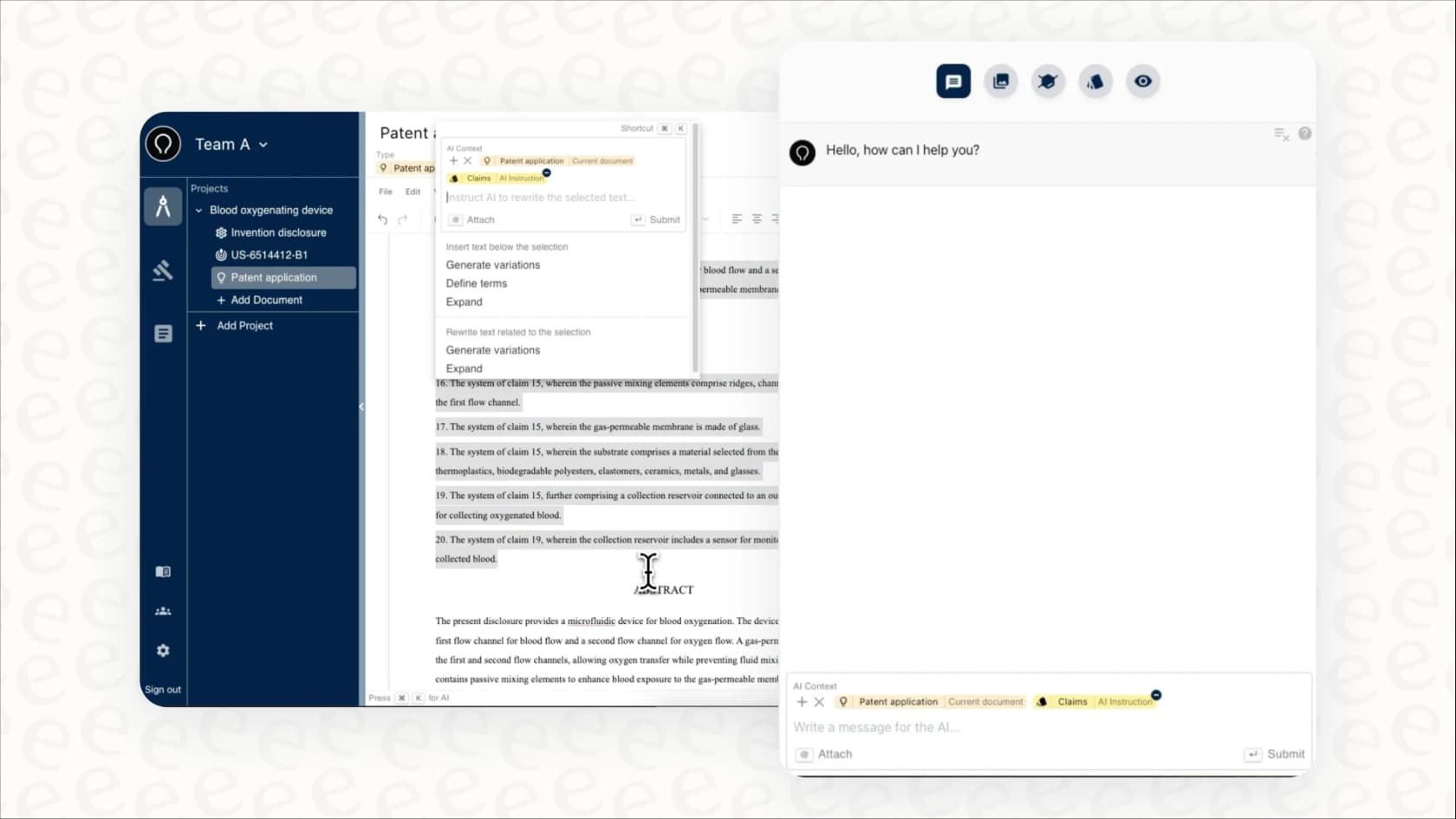 A view of an AI copilot assisting with document drafting, a key factor in Solve Intelligence pricing.