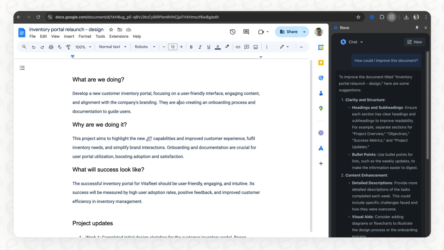 A screenshot of the Rovo Search Chrome extension, allowing a user to access company information without leaving their current tab.