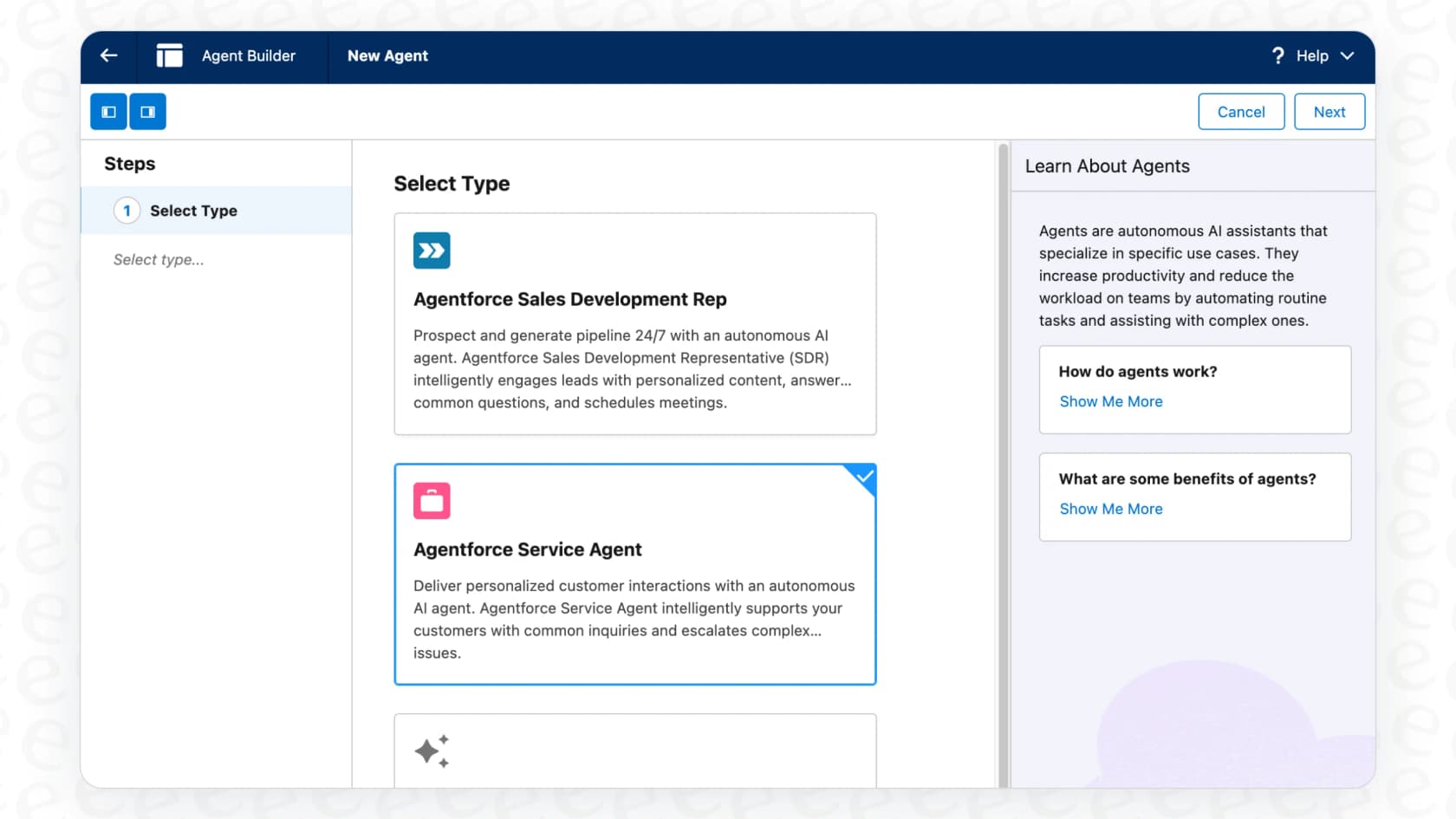 Creating a new agent in Agentforce Builder, choosing an agent type like Service Agent or SDR.