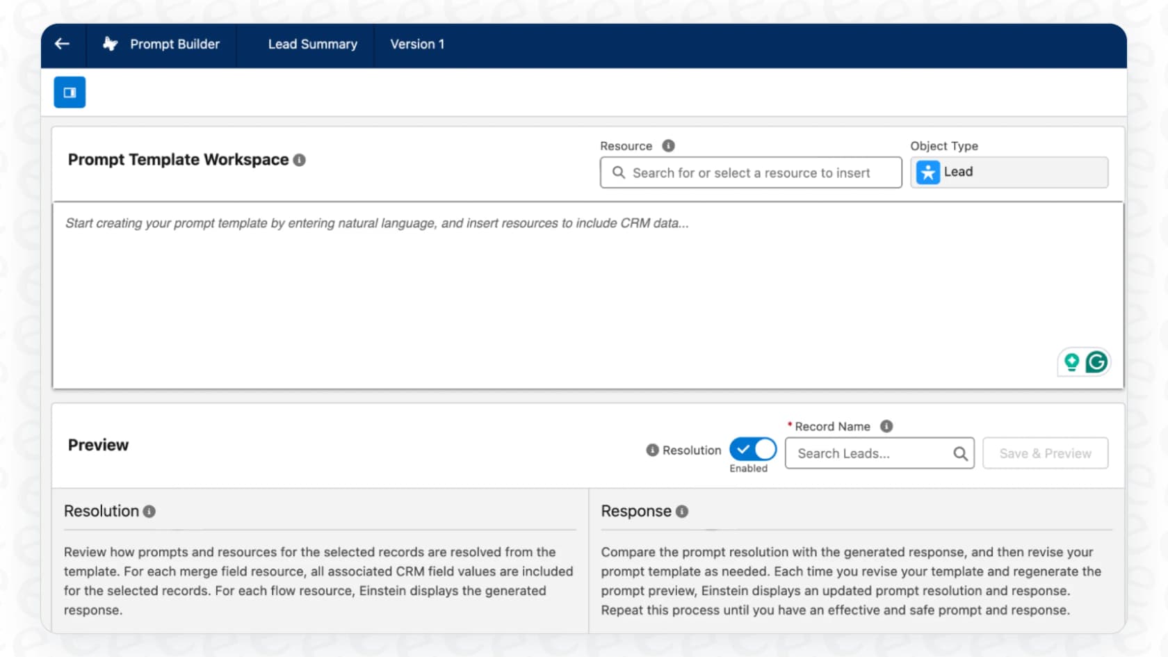 Screenshot of the Prompt Template Workspace in the Prompt Builder.