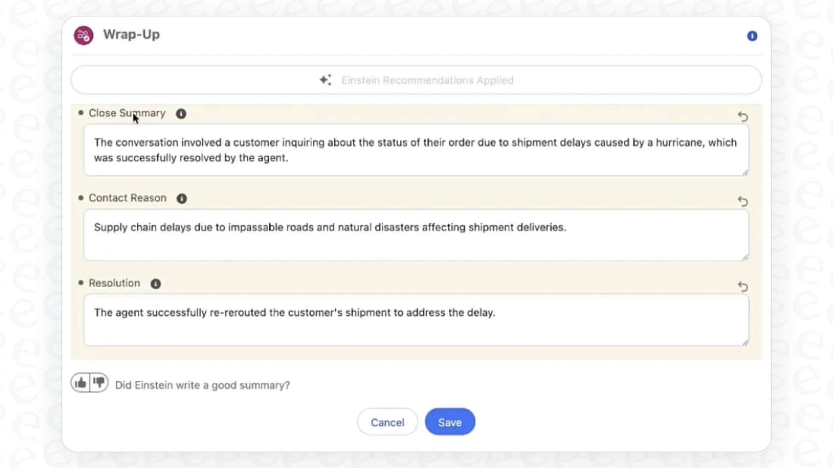 A screenshot of the Salesforce Einstein Work Summaries feature displaying the AI-generated summary, issue, and resolution fields for a customer service case.