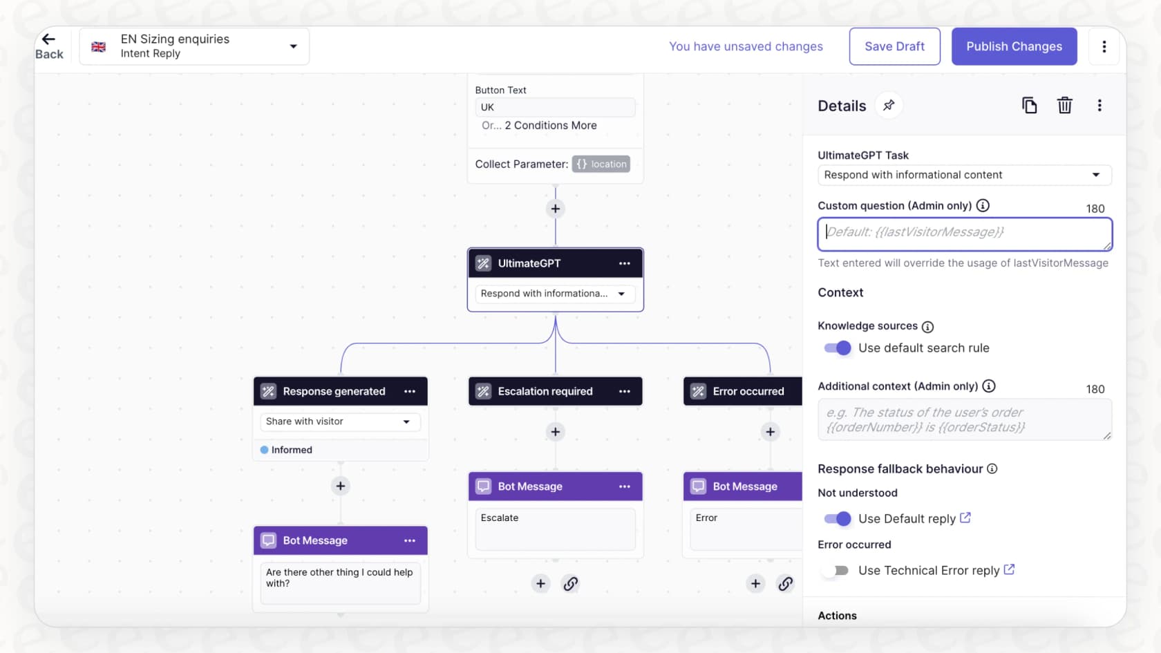 Zendesk AI Agents Advanced内のダイアログビルダー機能。カスタム会話フローを作成するためのスクリーンショット。