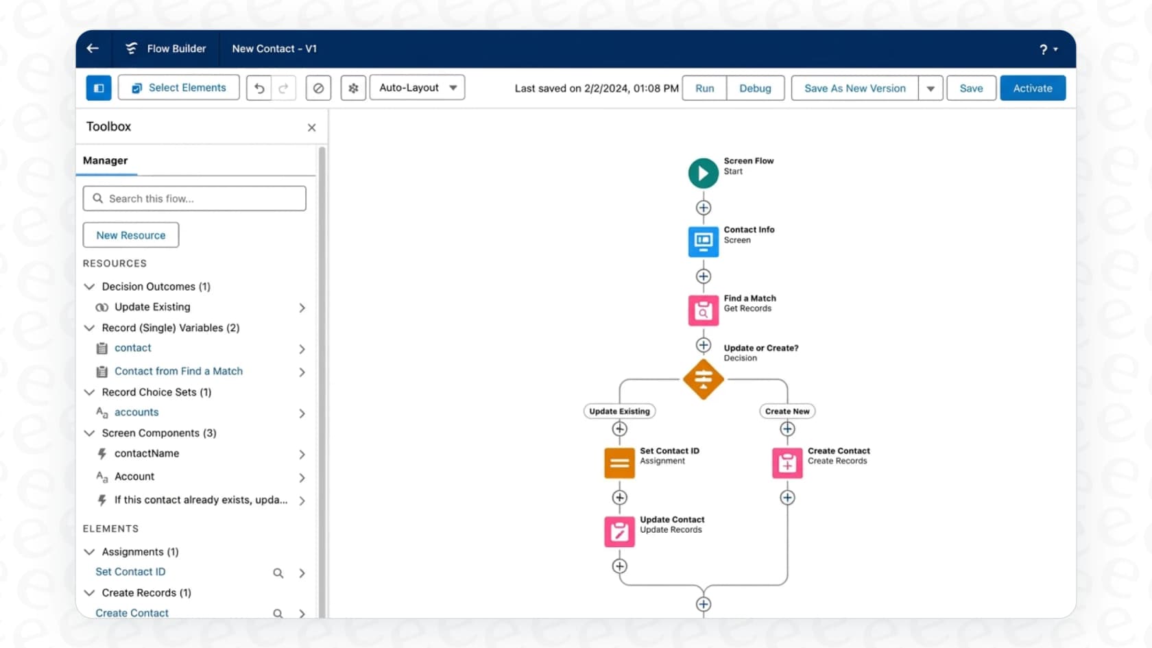 The Salesforce Flow Builder interface, where admins build the automations that Salesforce AI can trigger.