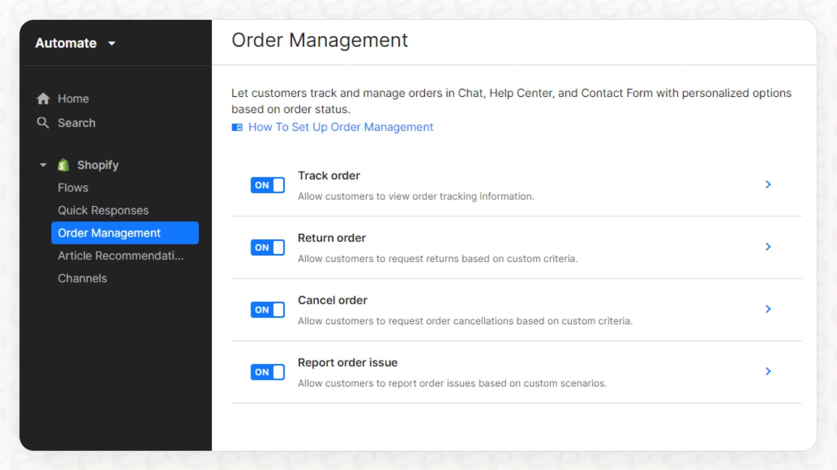 A screenshot of the Gorgias macro editor showing the template with variables for order status updates.