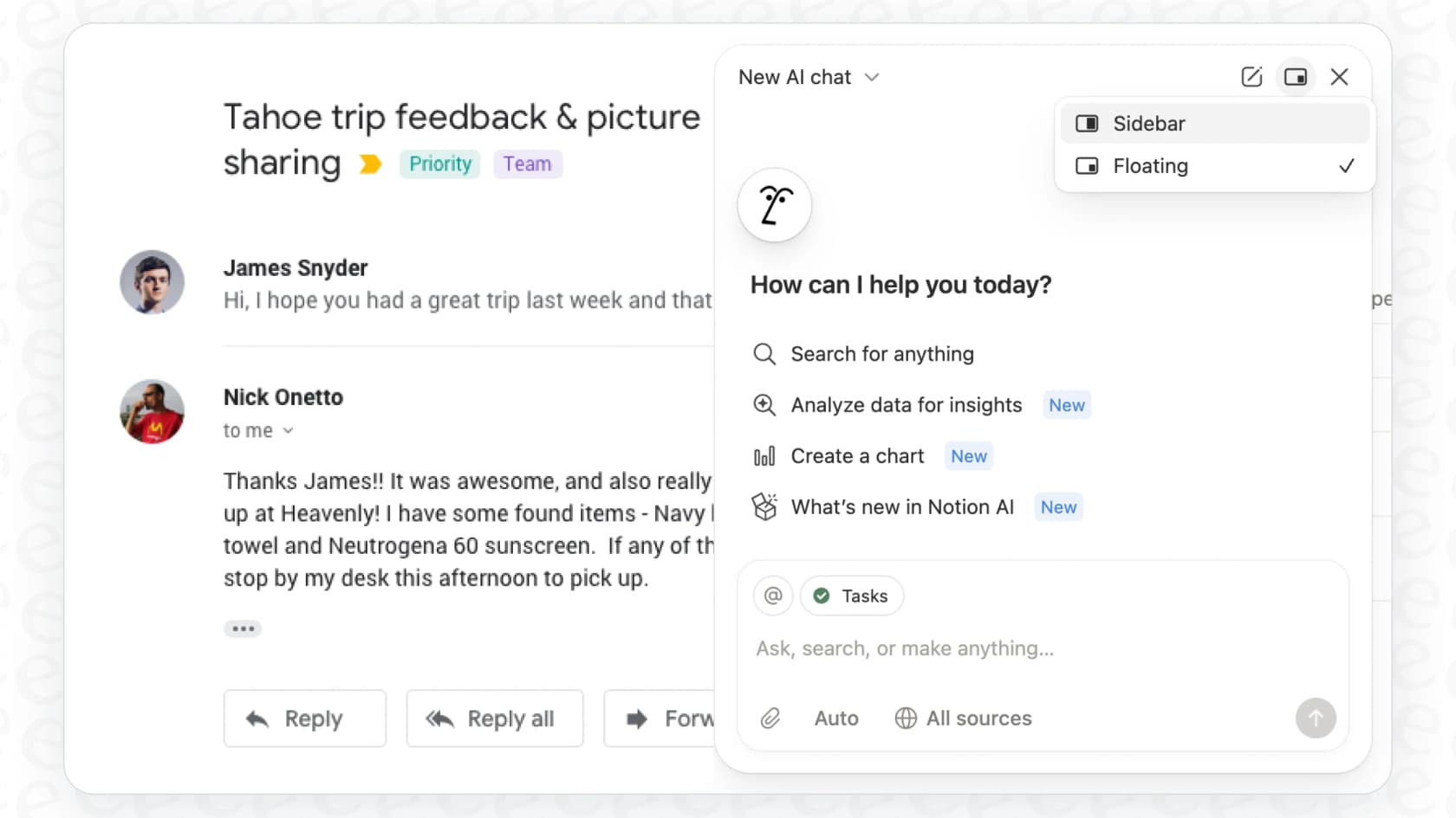 A user asks the Notion AI Mail Connector a question about a recent email to demonstrate its centralized search and discovery feature.