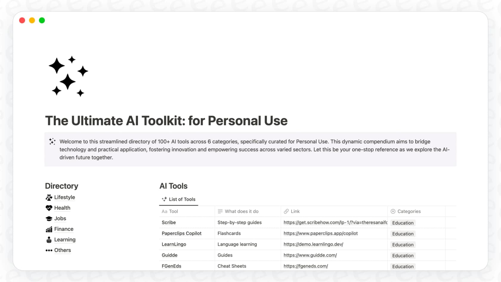 A long Notion page of AI tools, the kind of content Notion AI can summarize