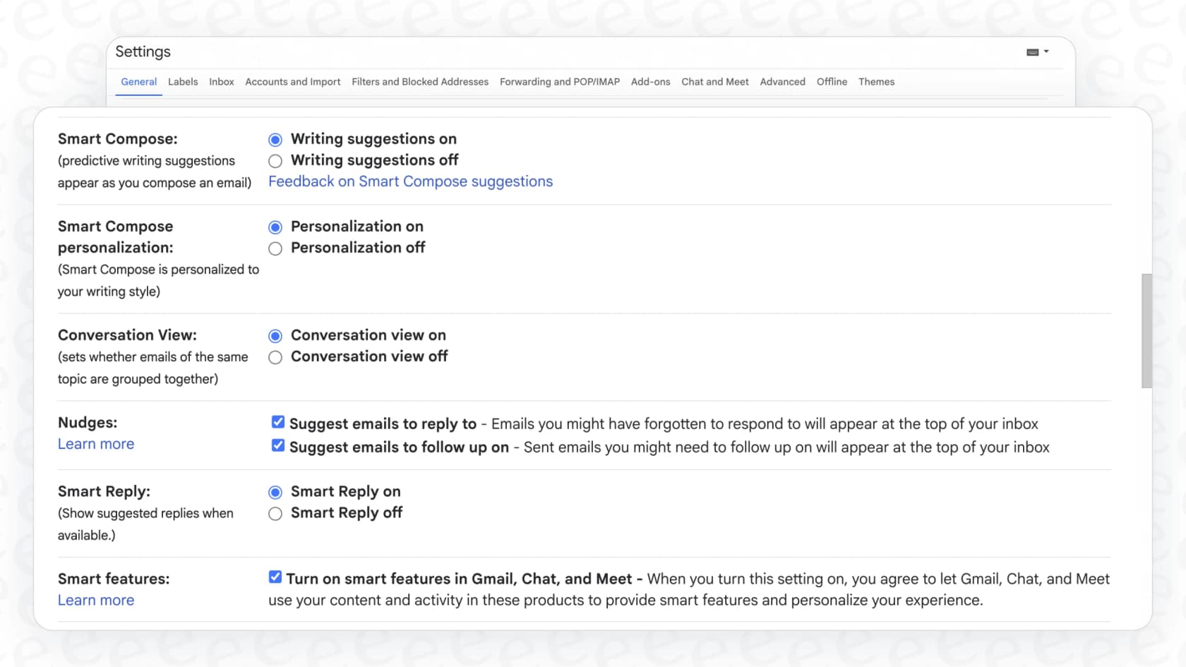 A screenshot of Gmail settings highlighting where to turn off the Gmail Summarize This Email function and other smart features.