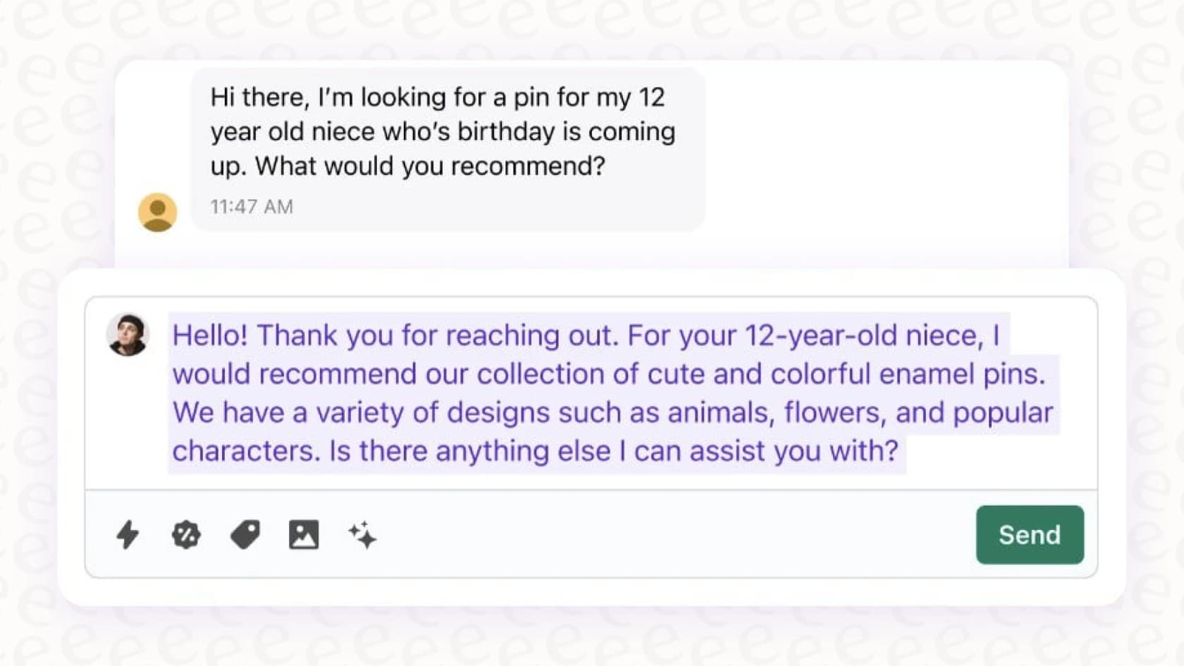 A Shopify support agent using the Shopify Magic AI Suggested Replies feature to respond to a customer query in Shopify Inbox.