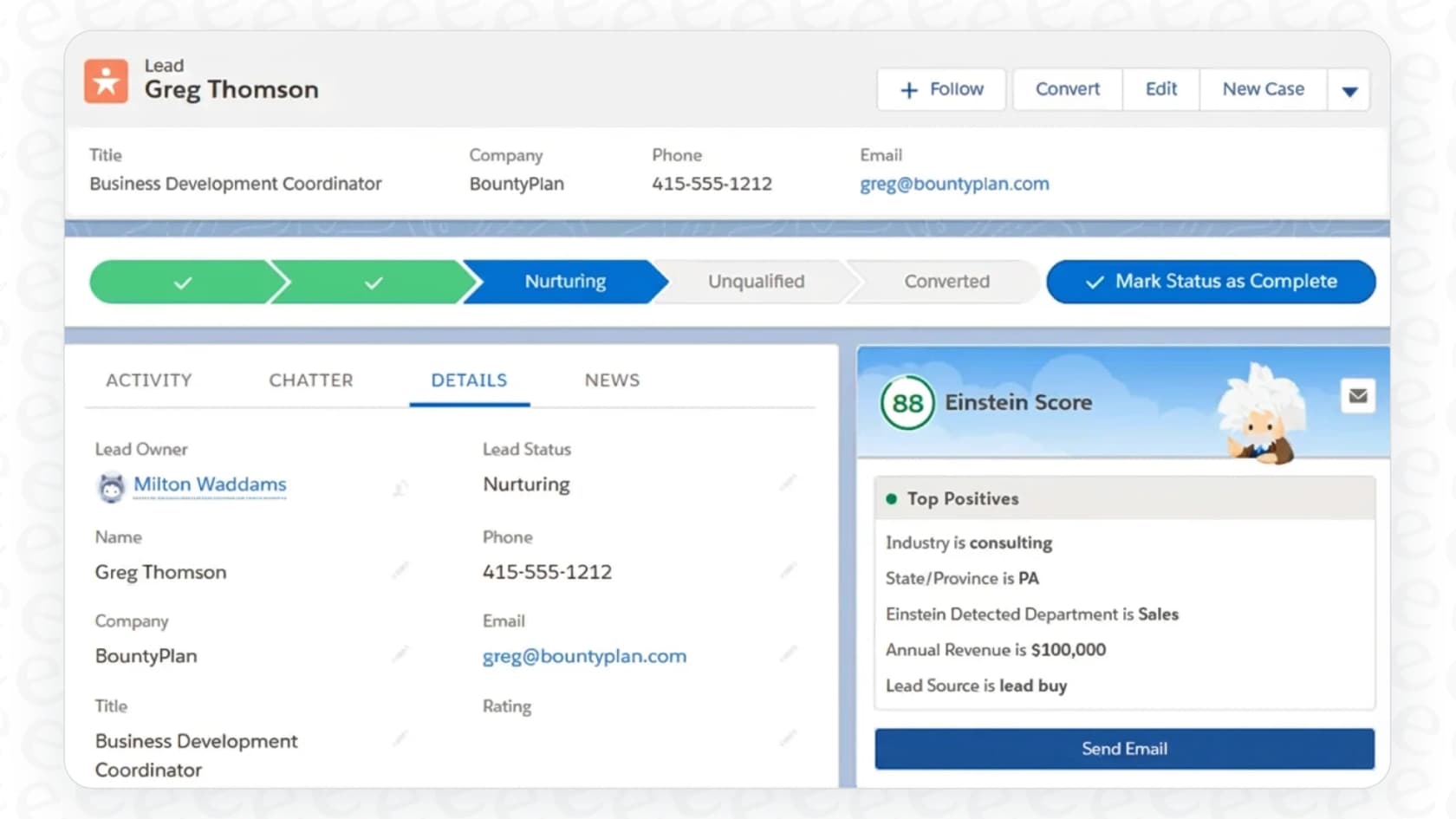A view of the lead scoring dashboard for Salesforce AI in Sales Cloud, with scores ranking leads by priority.